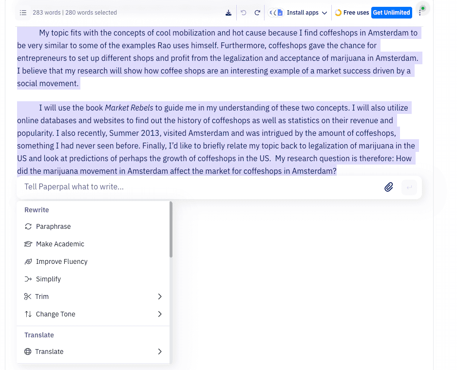 Paperpal editor with a highlighted abstract on Amsterdam coffee shops and a rewrite menu offering options such as paraphrase, make academic, improve fluency, simplify, and trim.