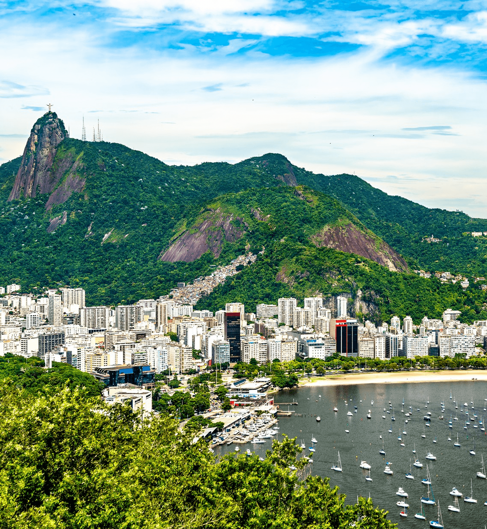 Coastal city skyline with green mountains and a bay full of boats.
