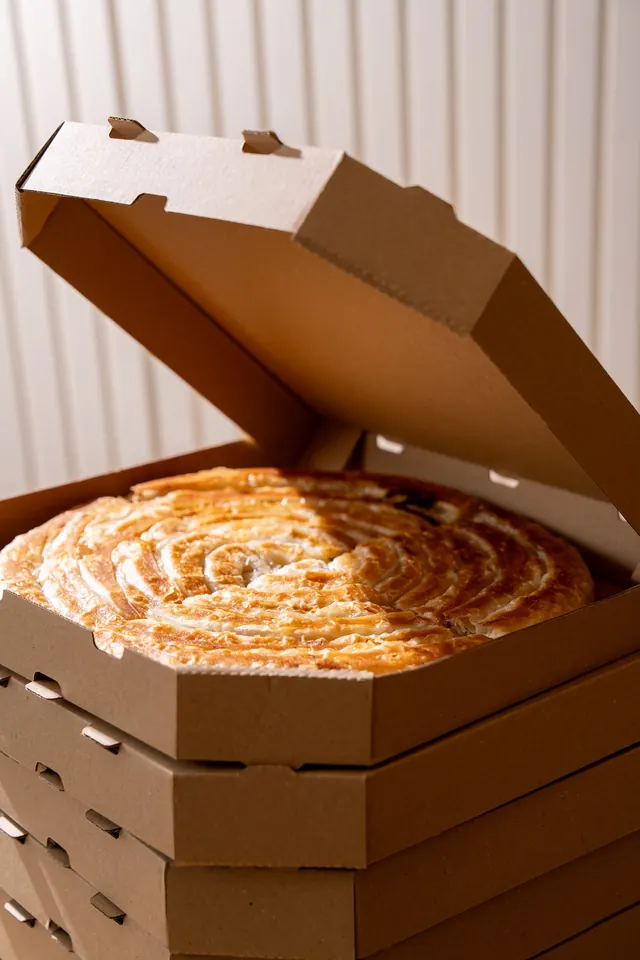 Ganzer Burek im Take-away-Karton von Din Balkaner