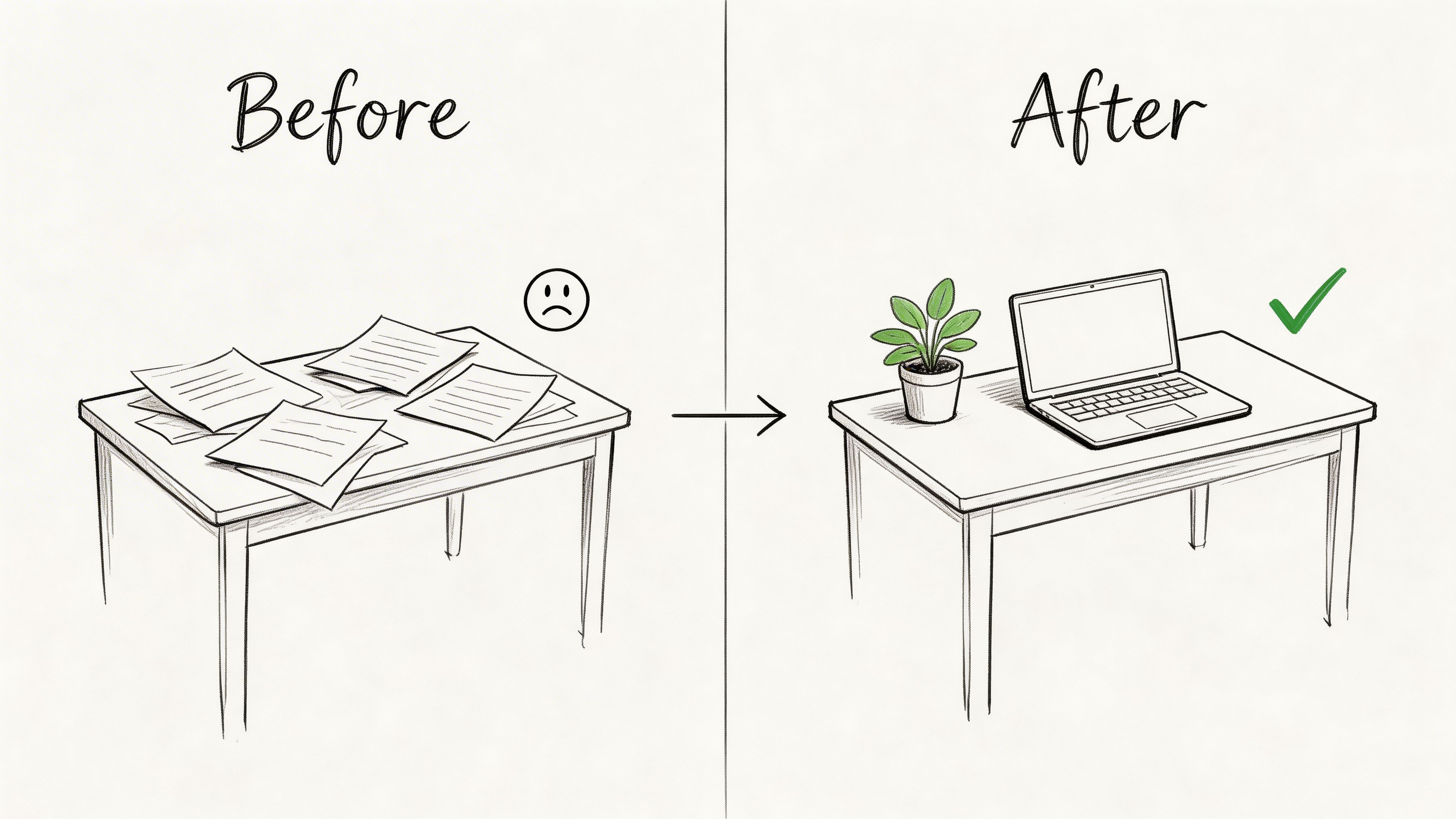 A conceptual illustration comparing a messy desk filled with papers to a clean, organized workspace with a laptop.
