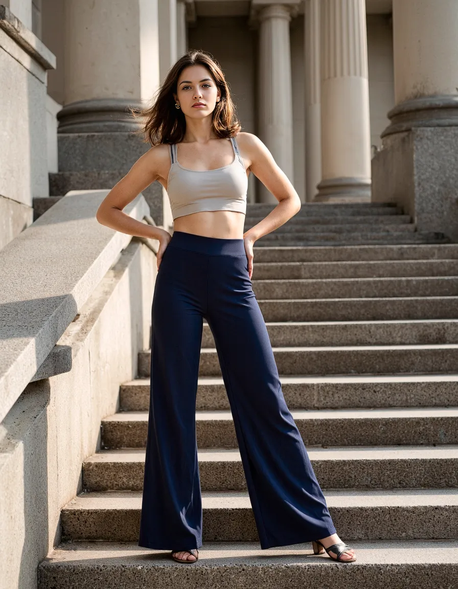 Athleisure fashion featuring cream crop top and navy wide-leg pants on stone steps with classical columns in background