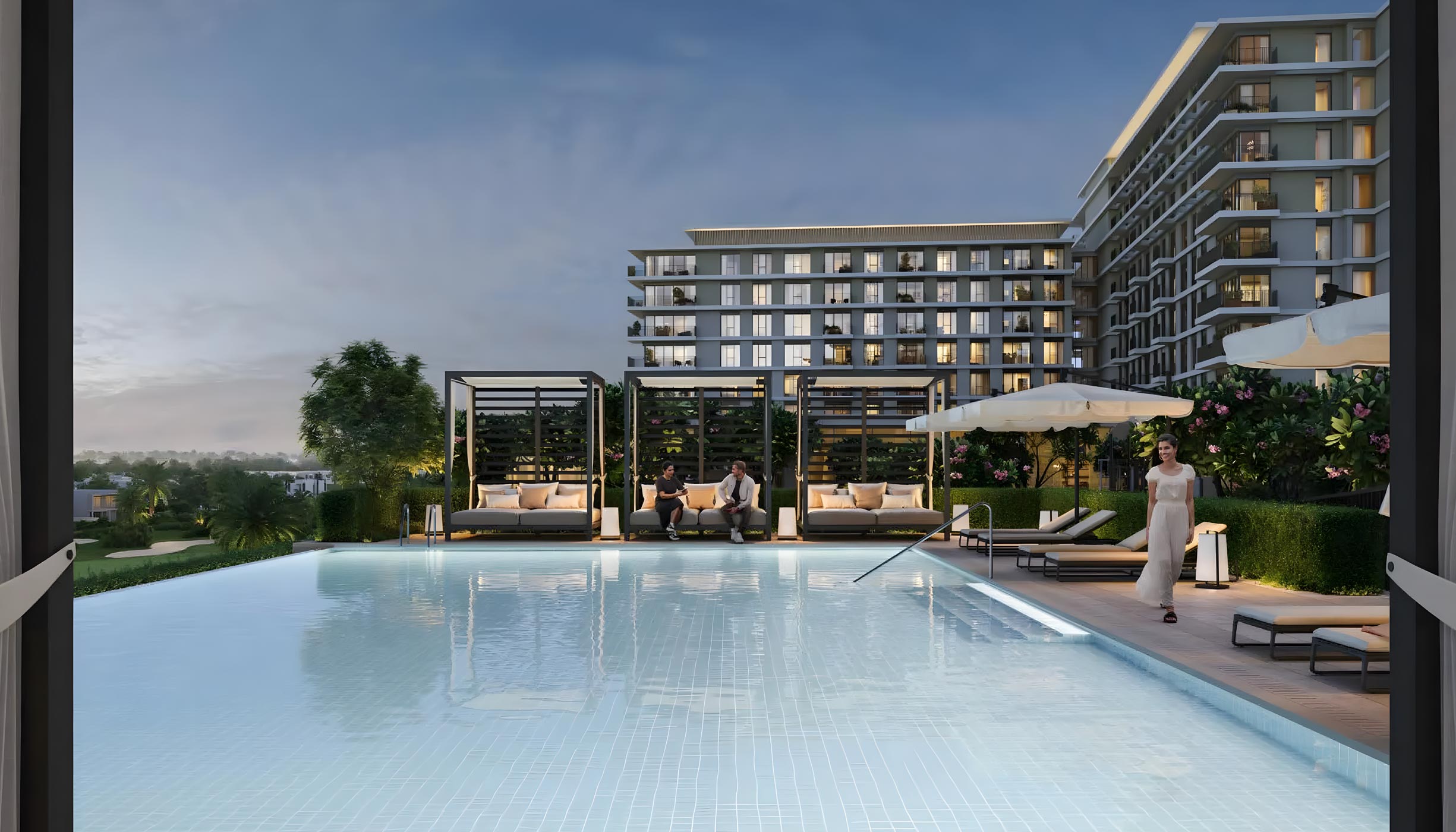 The luxurious pool at Golf Hills apartment complex, featuring modern design and inviting lounge areas.