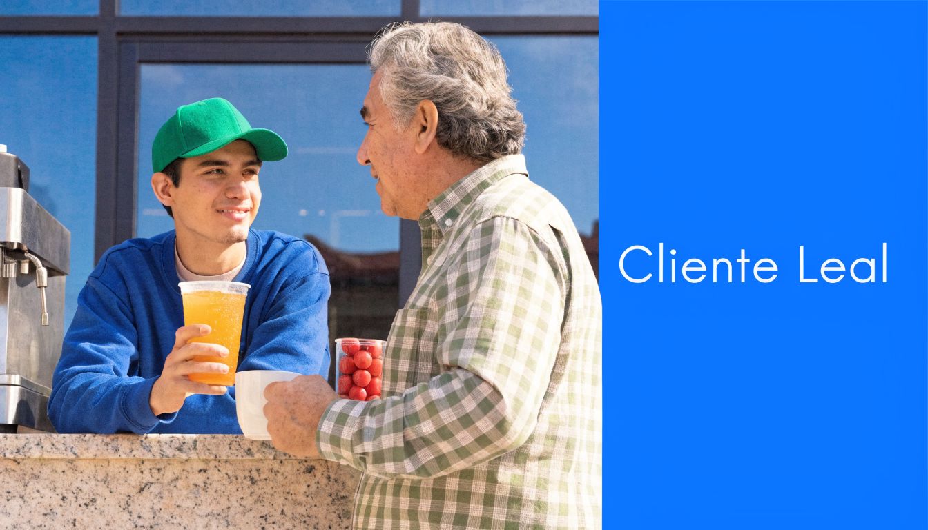 Un joven barista sonriente entregando una bebida a un cliente mayor en una cafetería al aire libre.