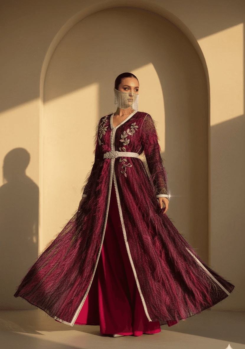 Deep burgundy Moroccan caftan with feather texture and embroidery, luxury handmade caftan Bahrain