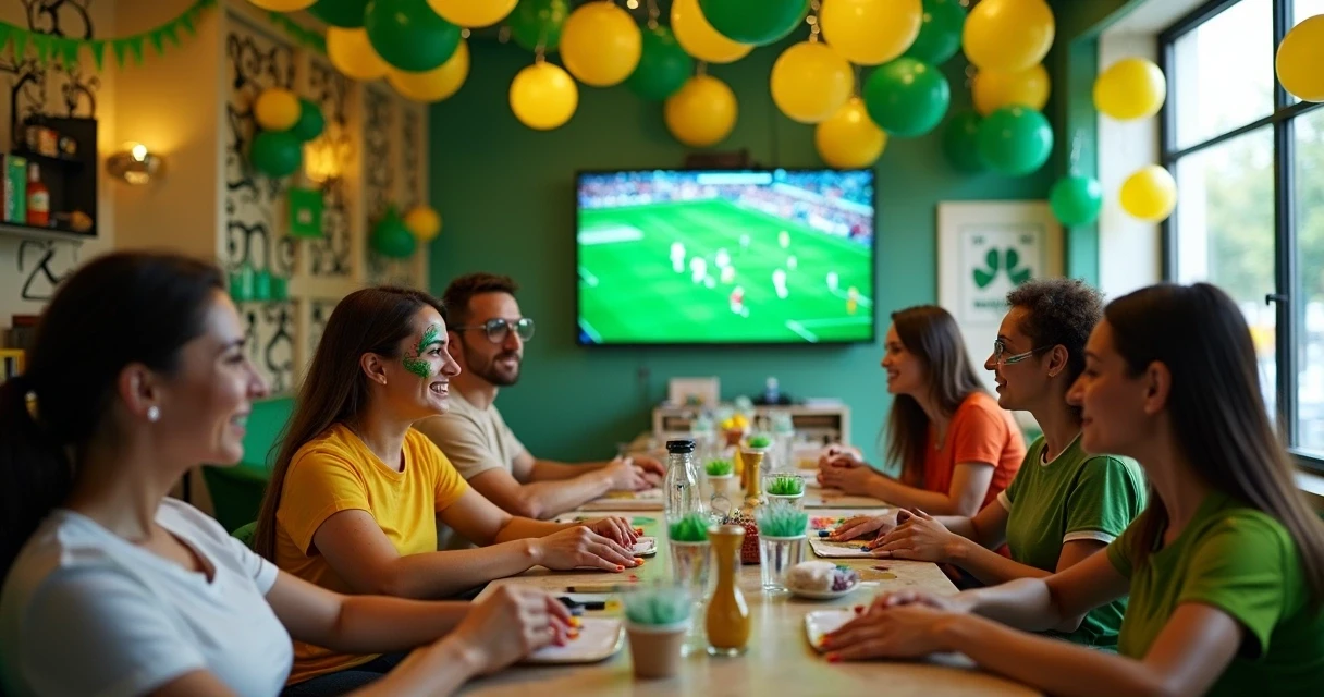 Decoração de salão de beleza com tema copa do mundo e clientes assistindo a um jogo