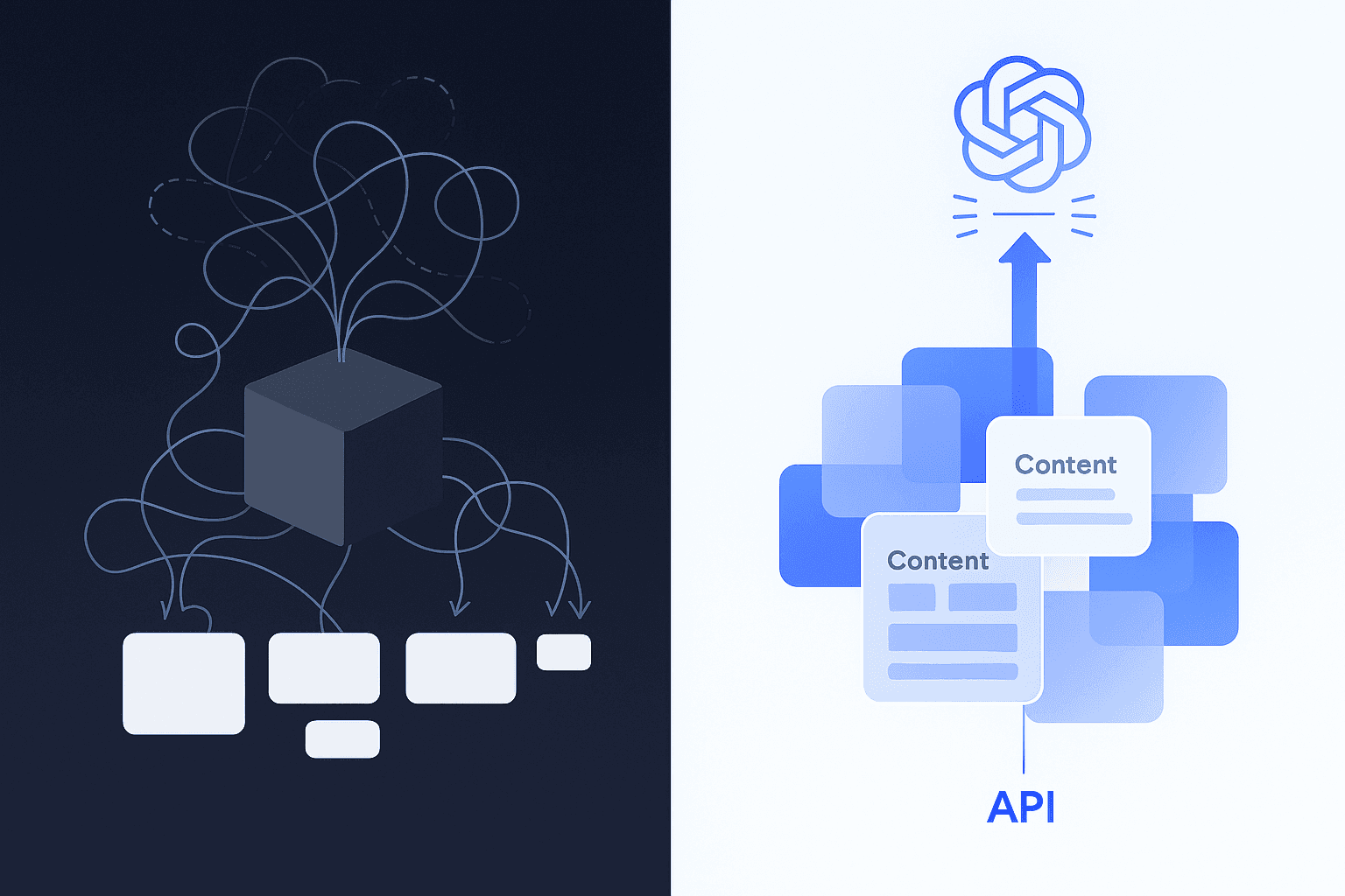 Side-by-side diagram contrasting monolithic page-based CMS with modular collection architecture for LLM citations