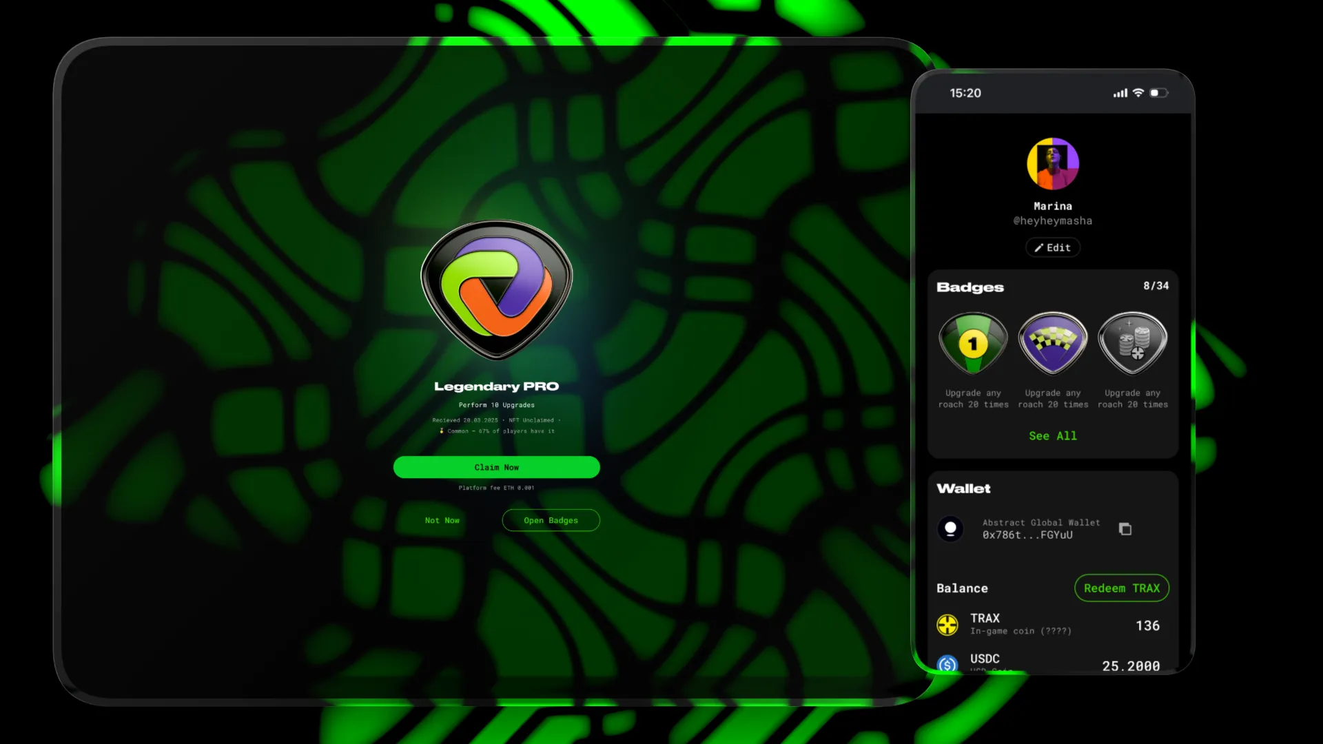 Screenshots of profile with achevements' widget on mobile and of overlay with badge