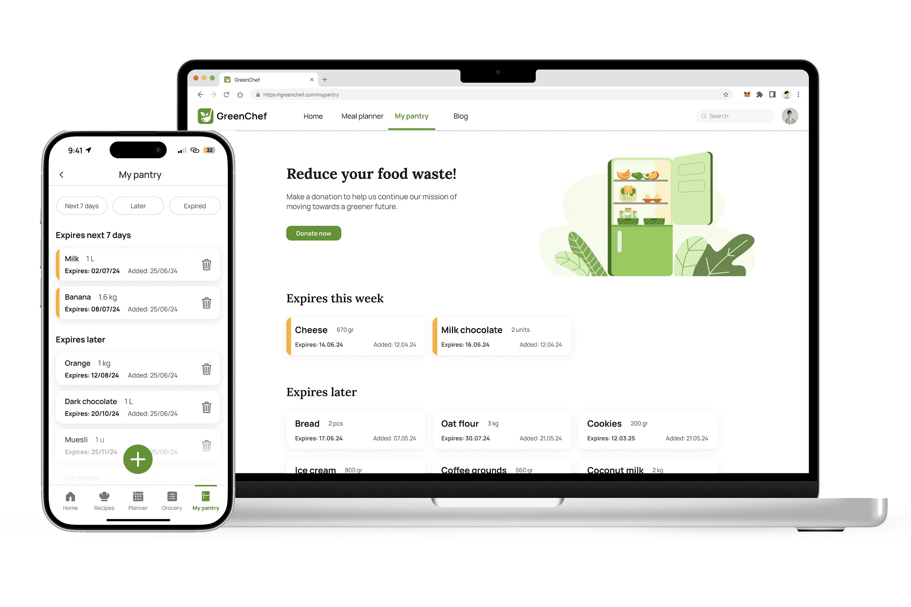 Mockups of mobile and desktop screen of My Pantry