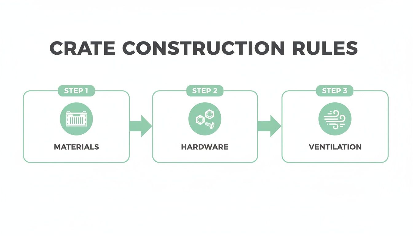 A flowchart titled 'Crate Construction Rules' detailing three steps: Materials, Hardware, and Ventilation.