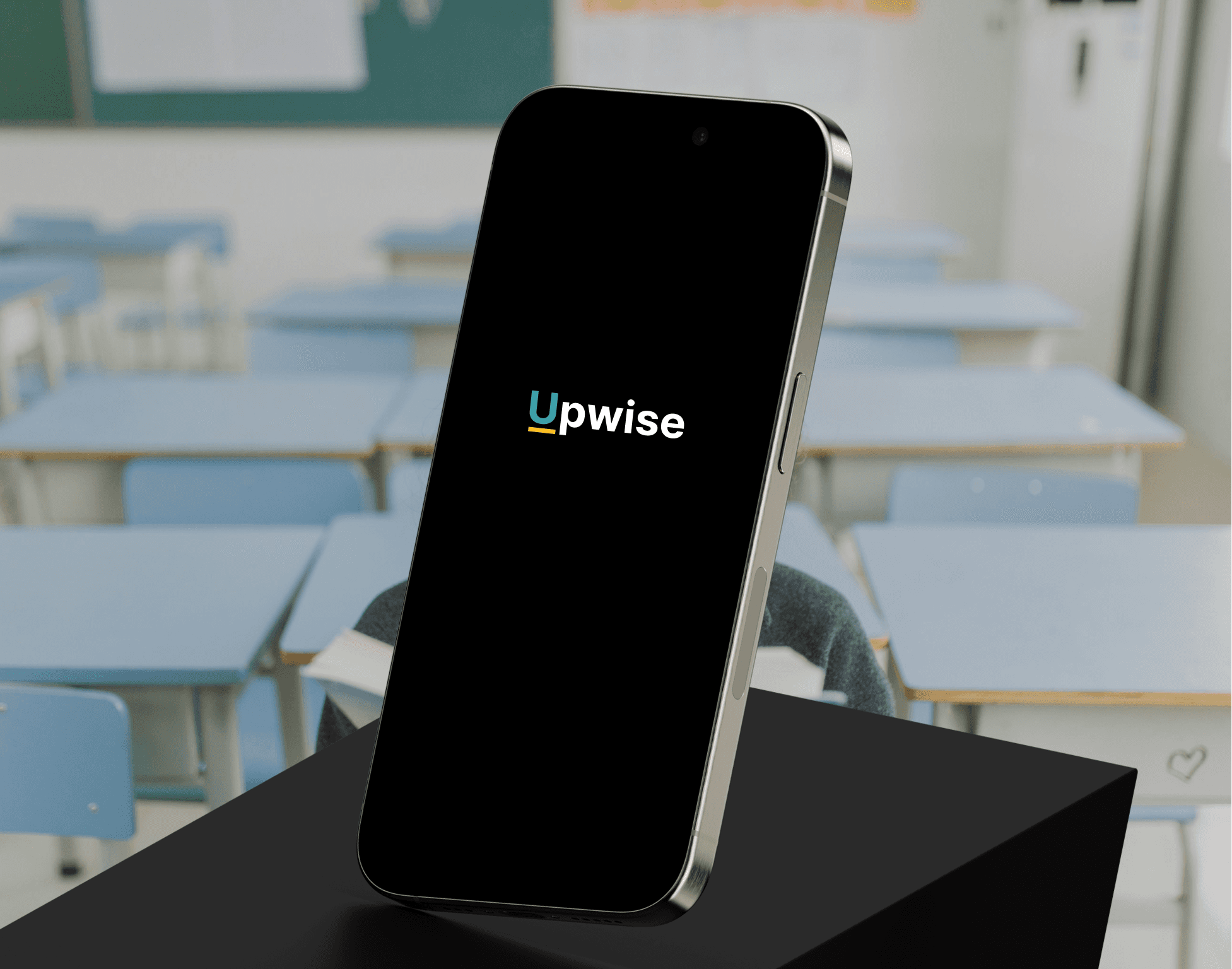 Learning platform mobile app mockup with classromm background