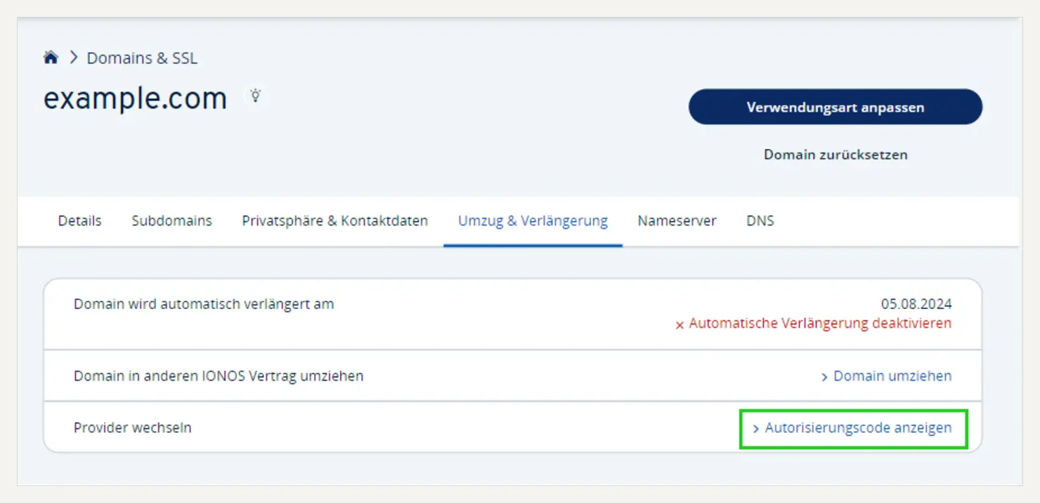 IONOS Umzug und Verlängerung mit Autorisierungscode anzeigen