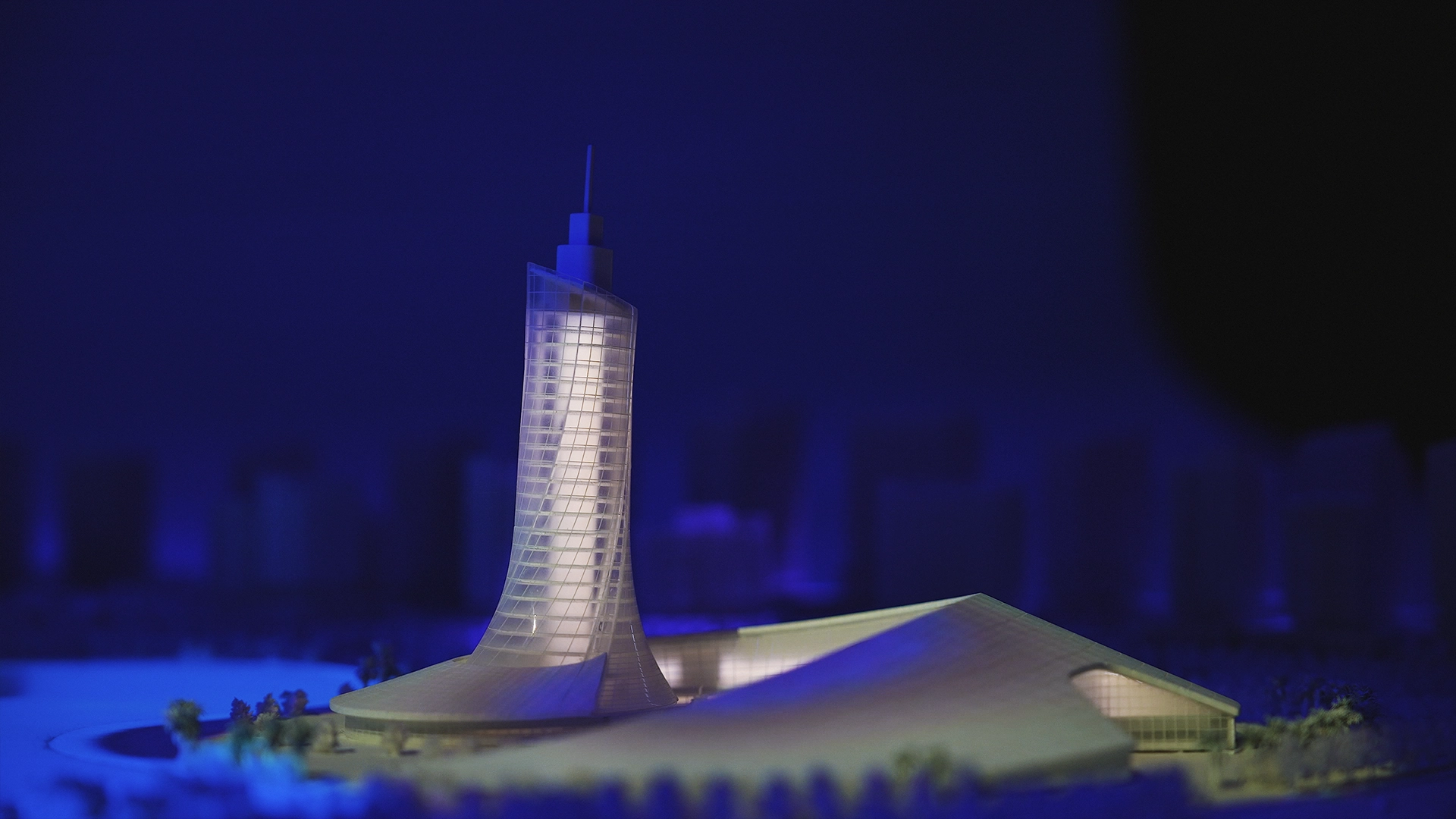 Dynamic lighting sequence highlighting landmark structures.