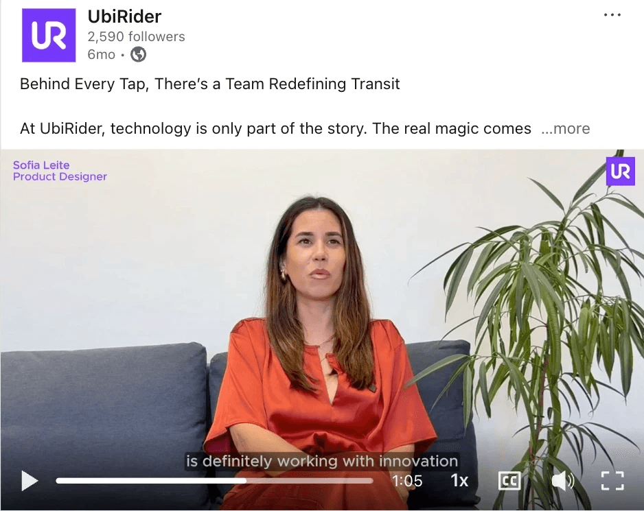 LinkedIn video post from UbiRider featuring designer Sofia Leite discussing transit innovation.