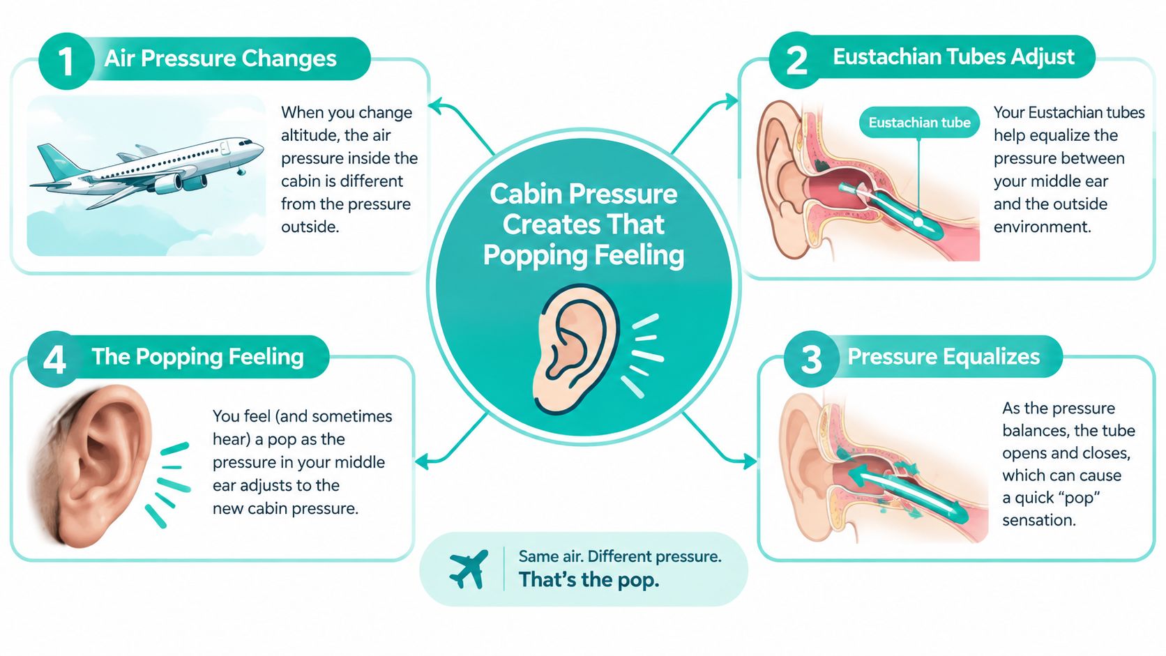 A diagram illustrating the biological process of why airplane cabin pressure changes cause ears to pop.