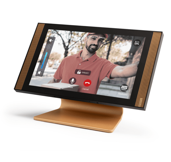 Black smart home device with screen showing time and temp