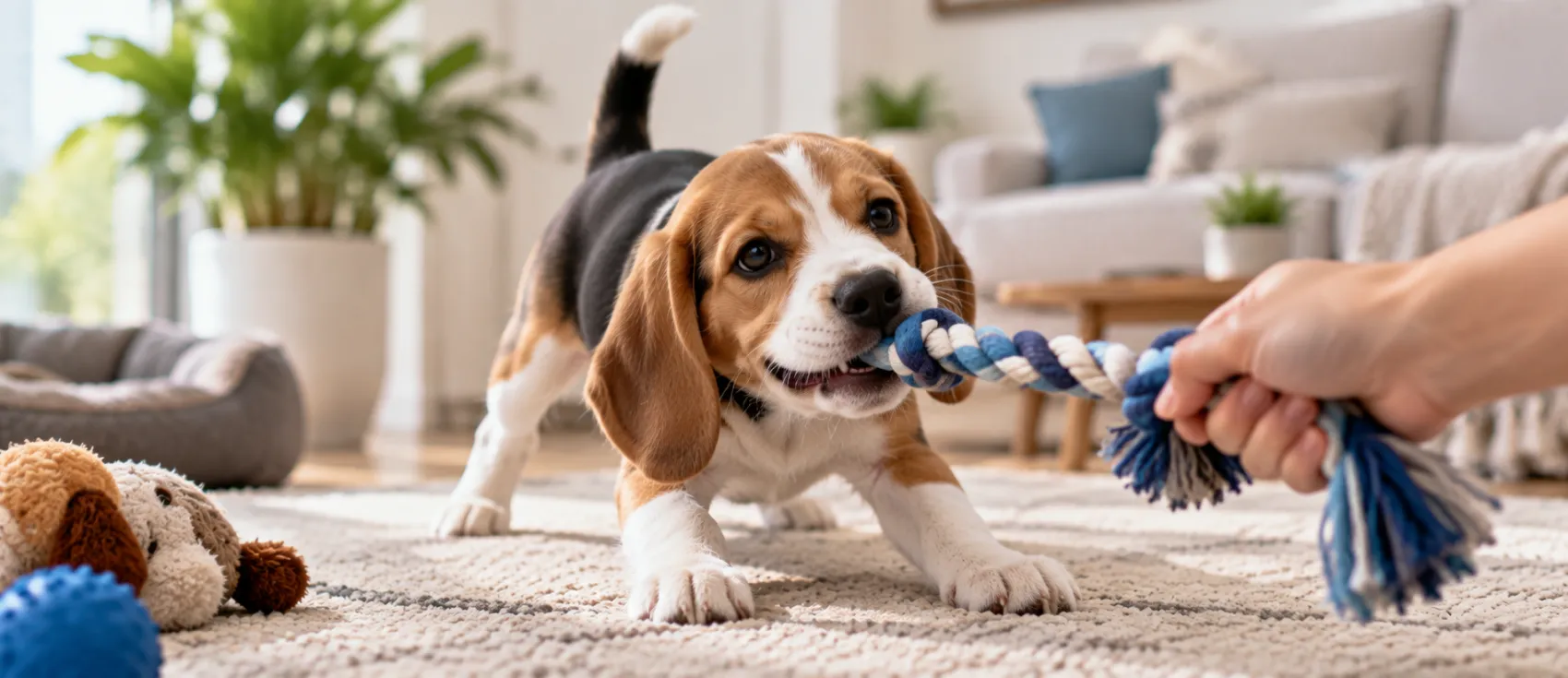 A Beagle puppy tugs a rope toy during play, a moment often used to teach bite inhibition.
