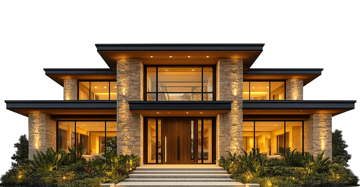 Modern multi-level home with large glass windows and layered terraces at dusk.