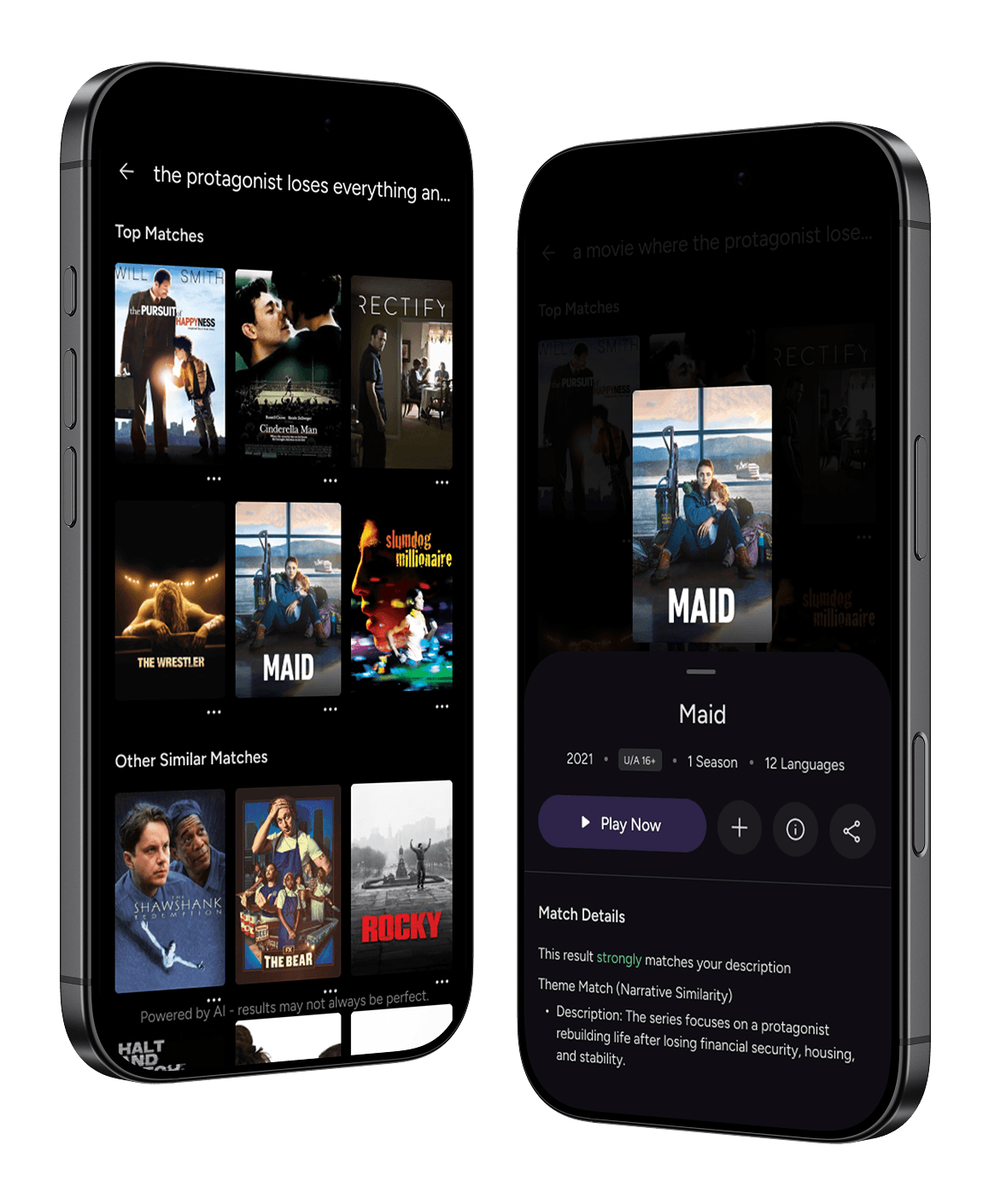 Thematic search results with a "Narrative Similarity" match detail for the series Maid
