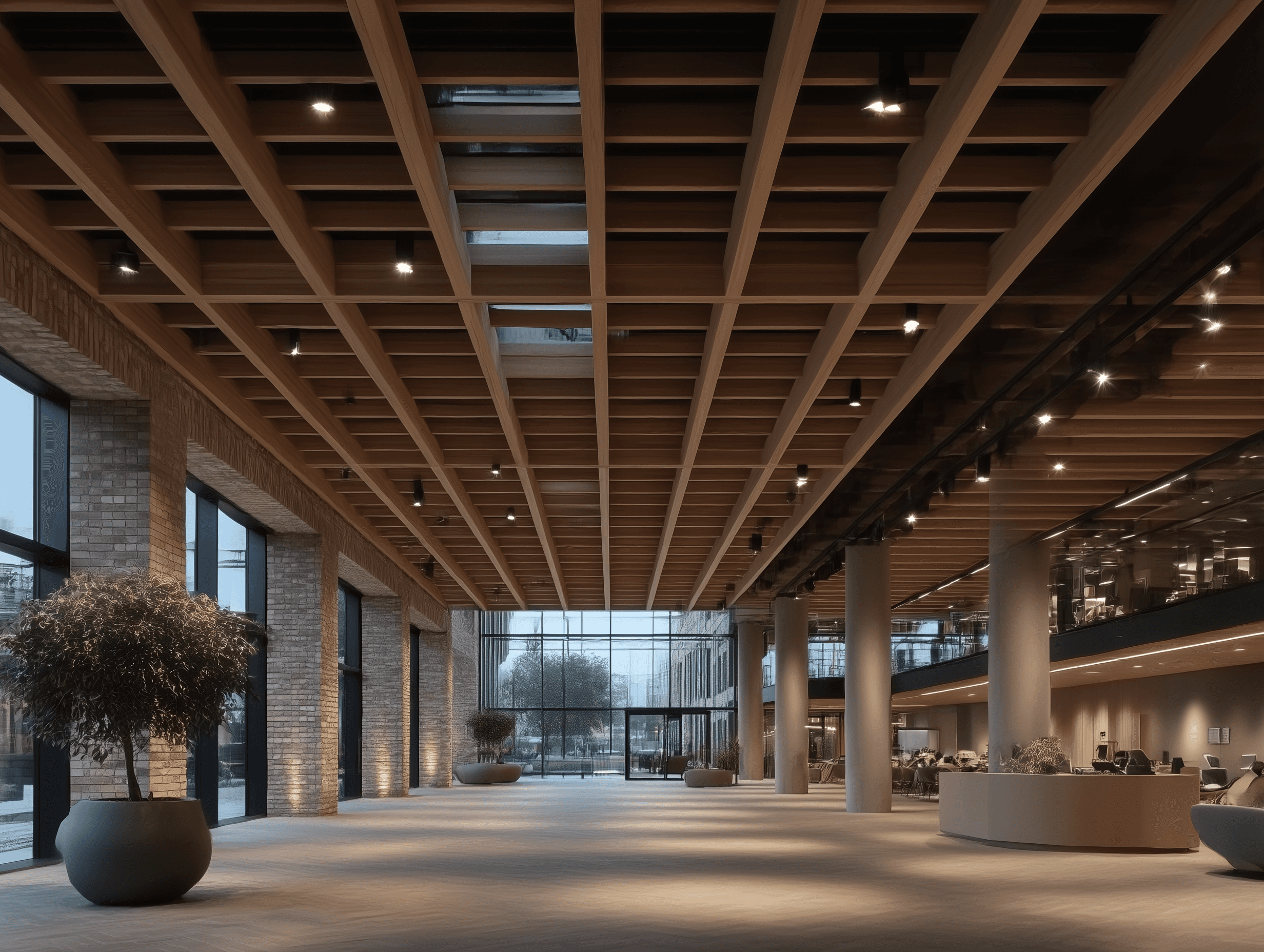 Modern multi-story building featuring a blend of red brick and rough stone masonry with expansive glass corner windows.