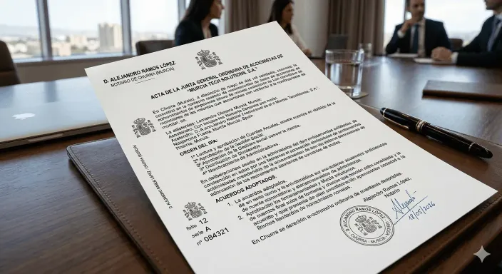 Acta notarial de la junta general de accionistas reflejando conflictos internos y responsabilidad de los directivos.