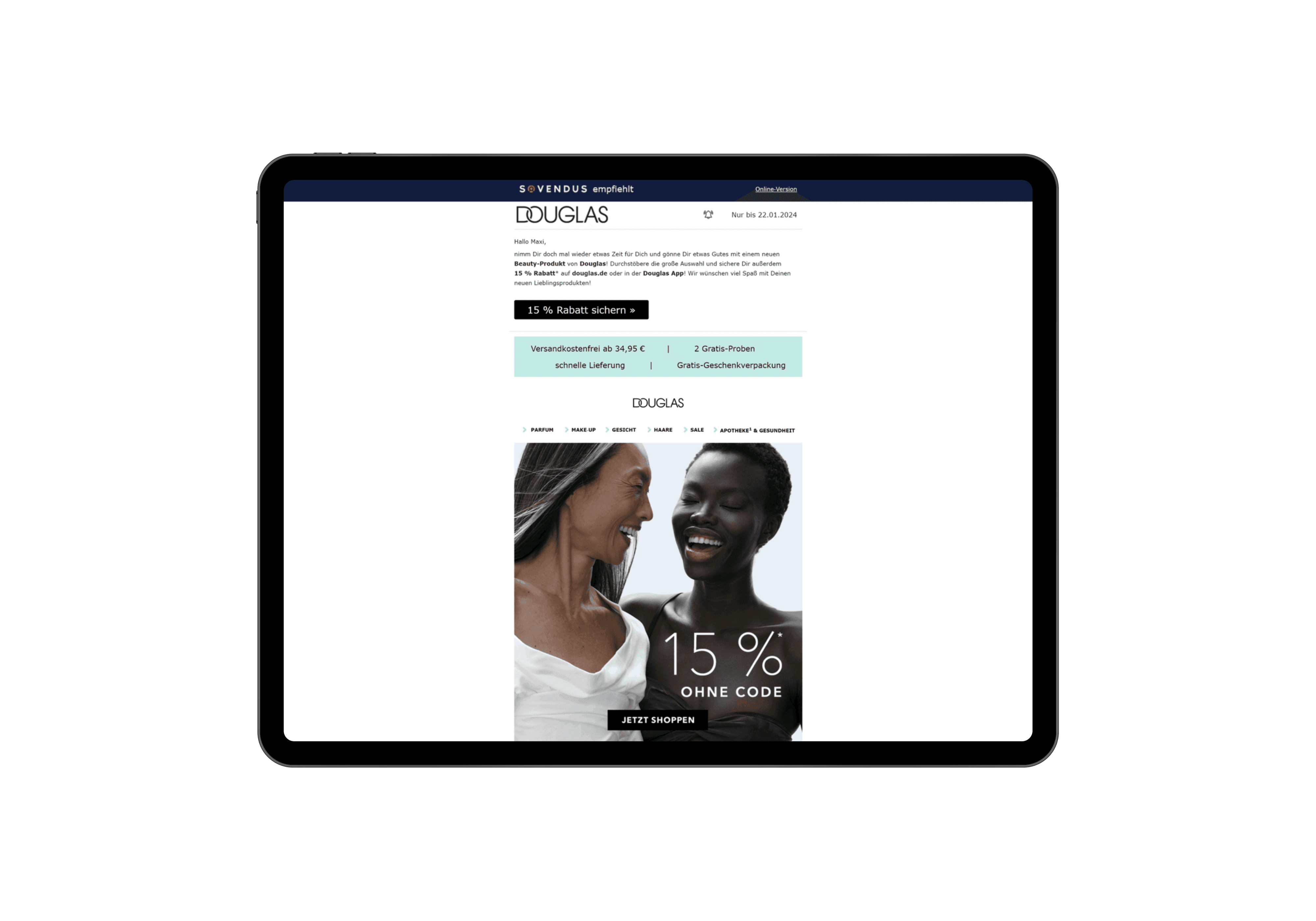 Tablet displaying a DOUGLAS mailing from Sovendus