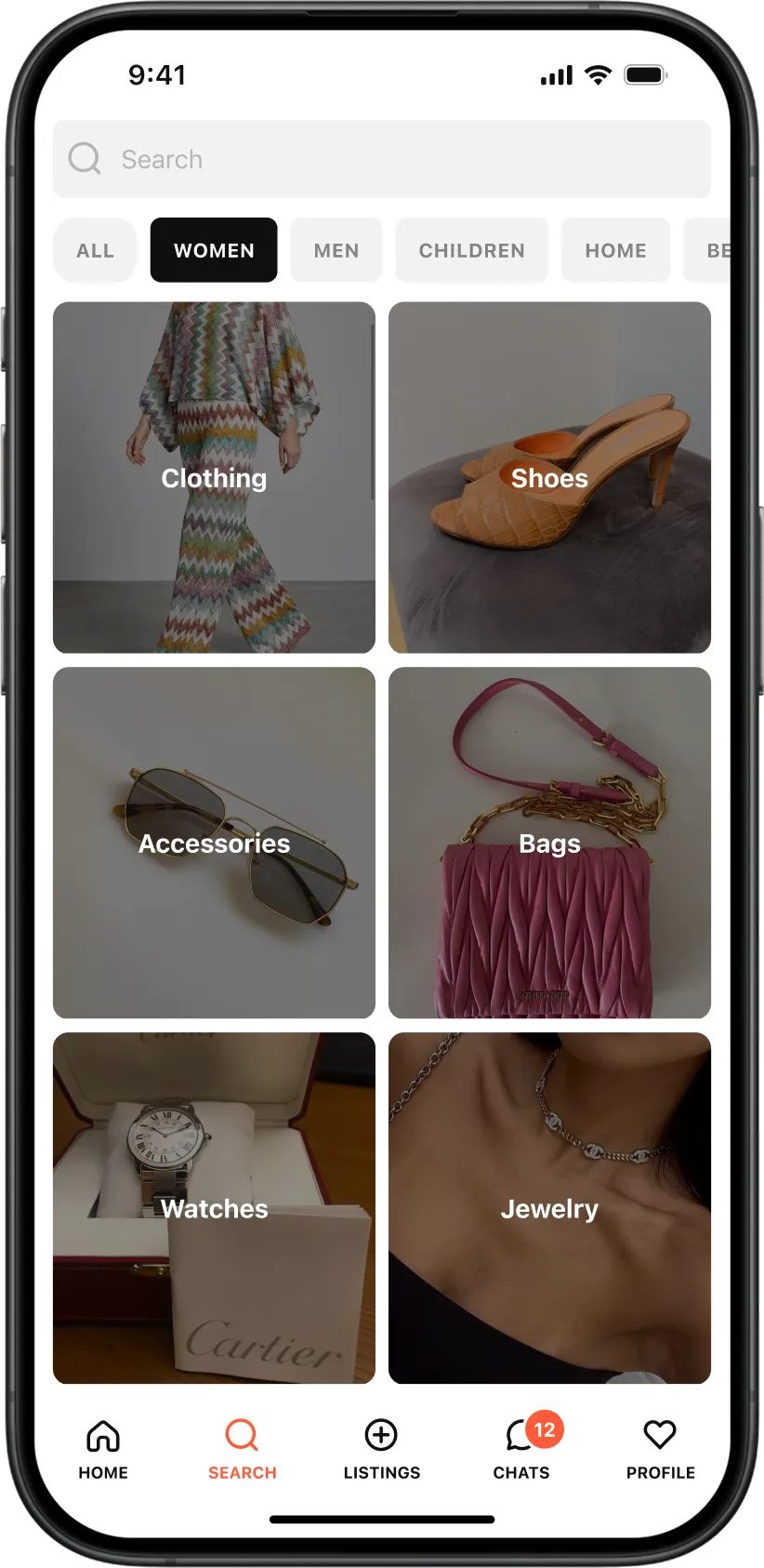 Search screen of the Tuff Stuff marketplace app, showing visual category cards for clothing, shoes, accessories, bags, watches, and jewelry.