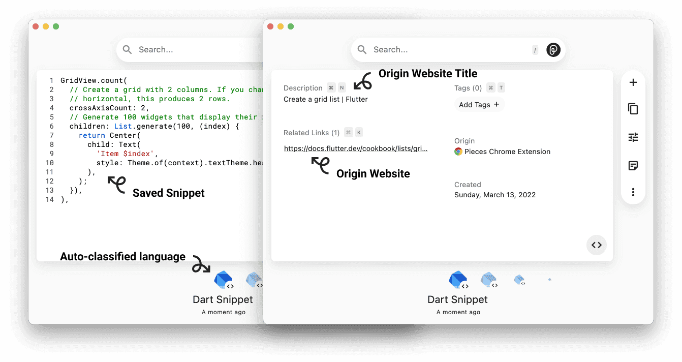 The Pieces Desktop App on macOS with Flutter widget snippets.