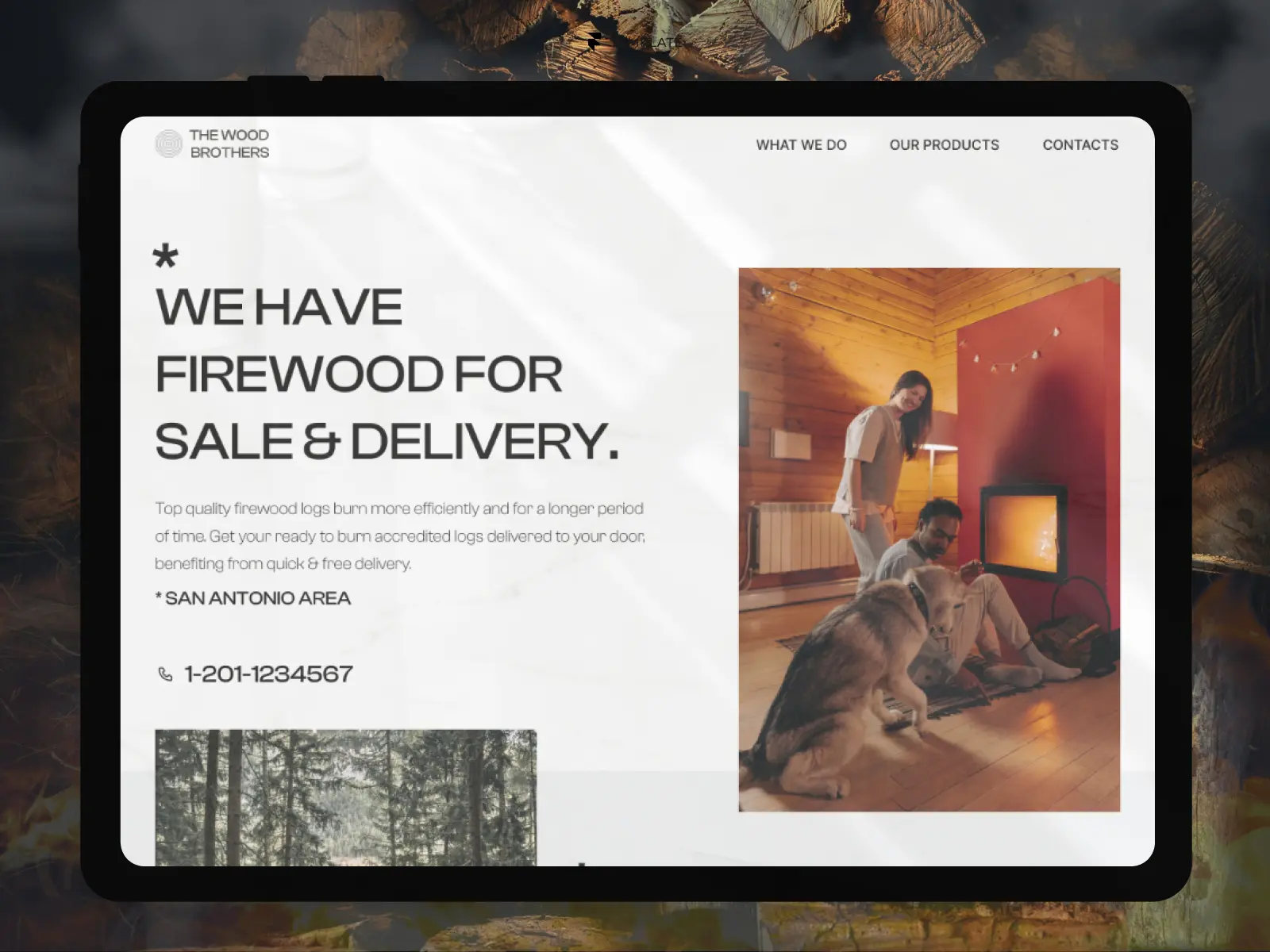 Firewood supplier Framer website template displayed on a tablet featuring a modern wood products and delivery business website.