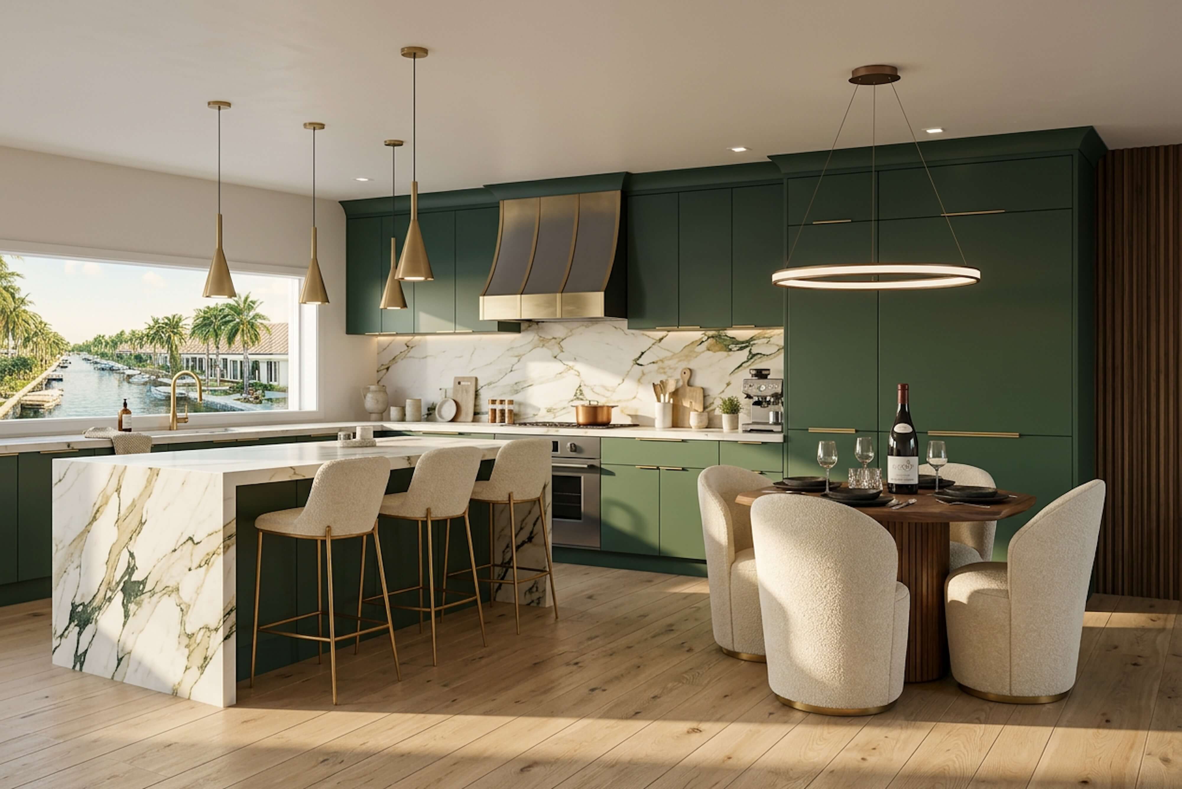 Luxury green kitchen with a marble island, brass accents, and a bright waterfront view.