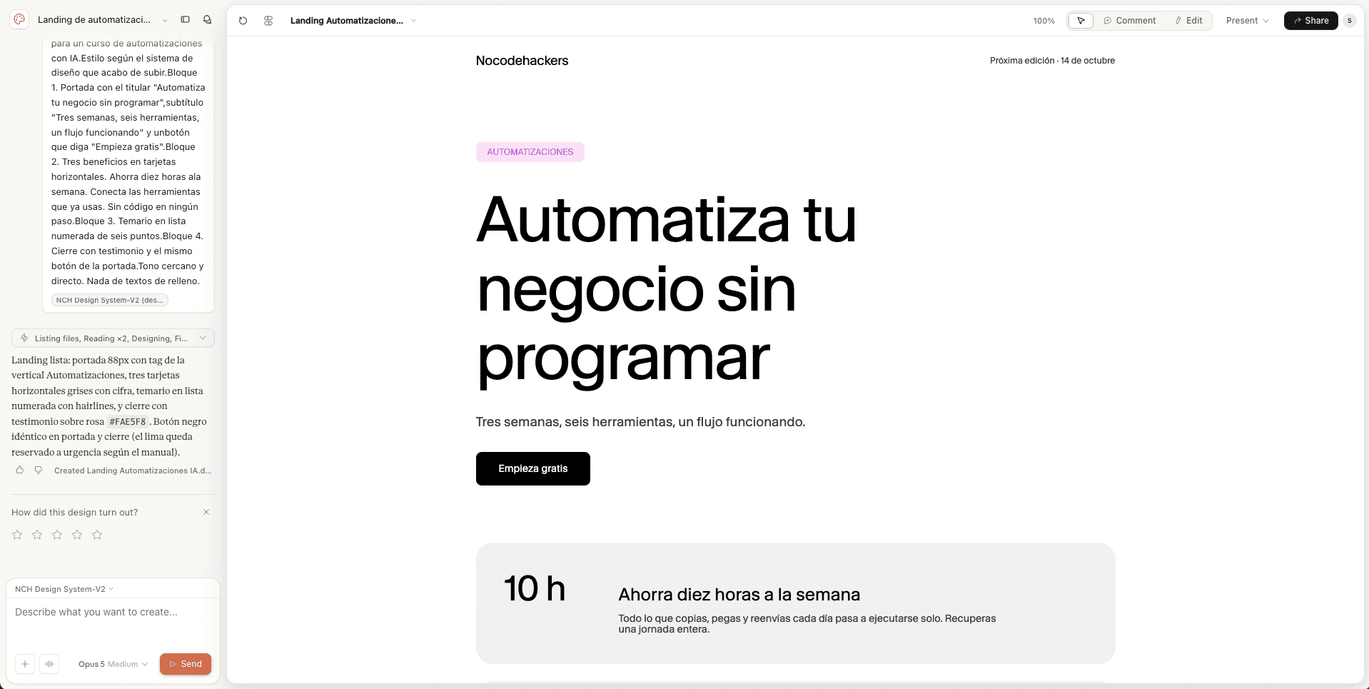 Editor de Claude Design con el chat a la izquierda y la landing generada con el prompt de ejemplo a la derecha