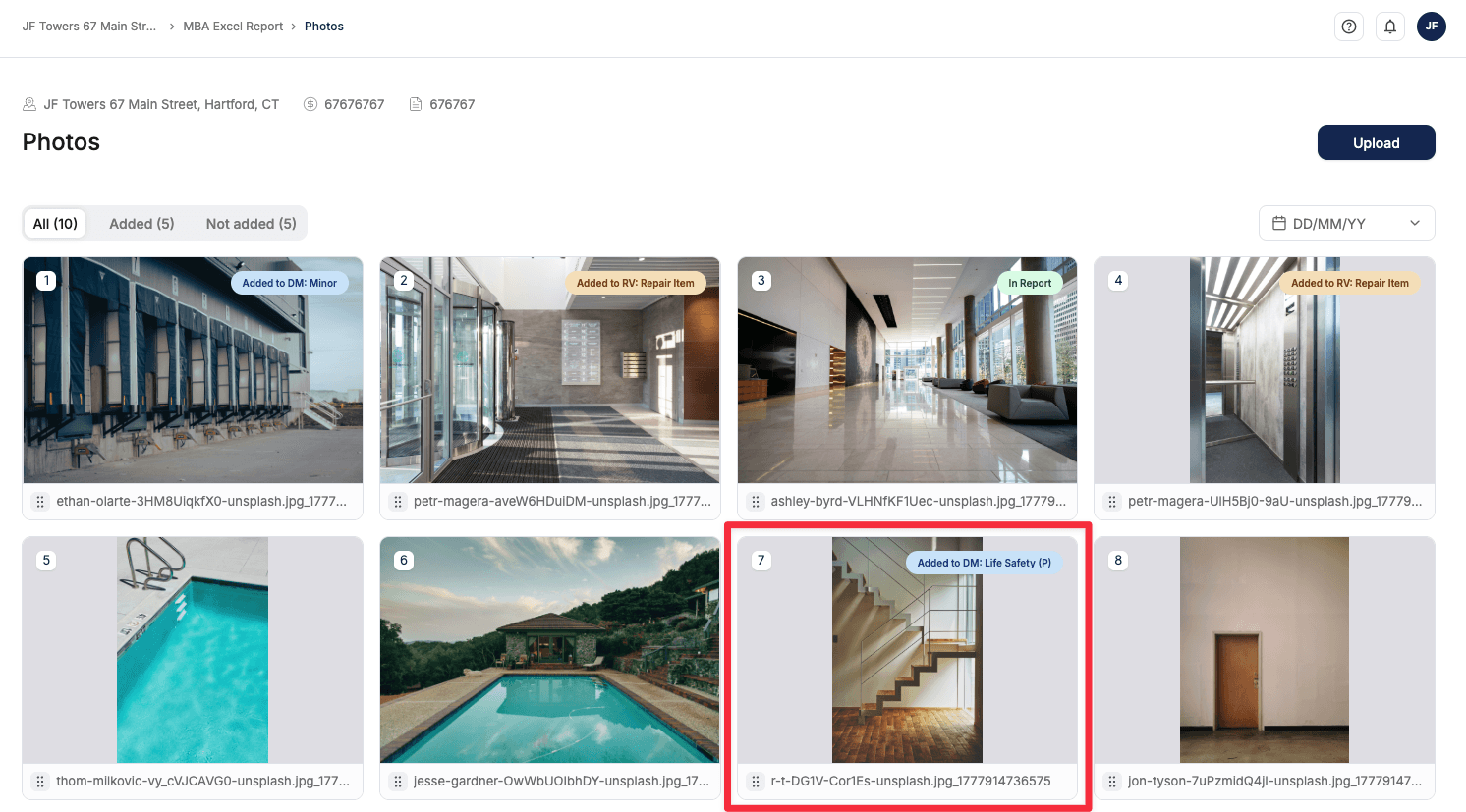 Firehorse Inspections Agent Photos tab with a stairwell photo tagged Added to DM: Life Safety (P).
