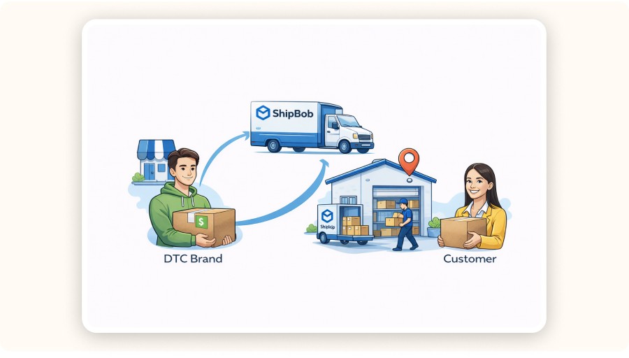 DTC brand ships via ShipBob warehouse to customer package delivery