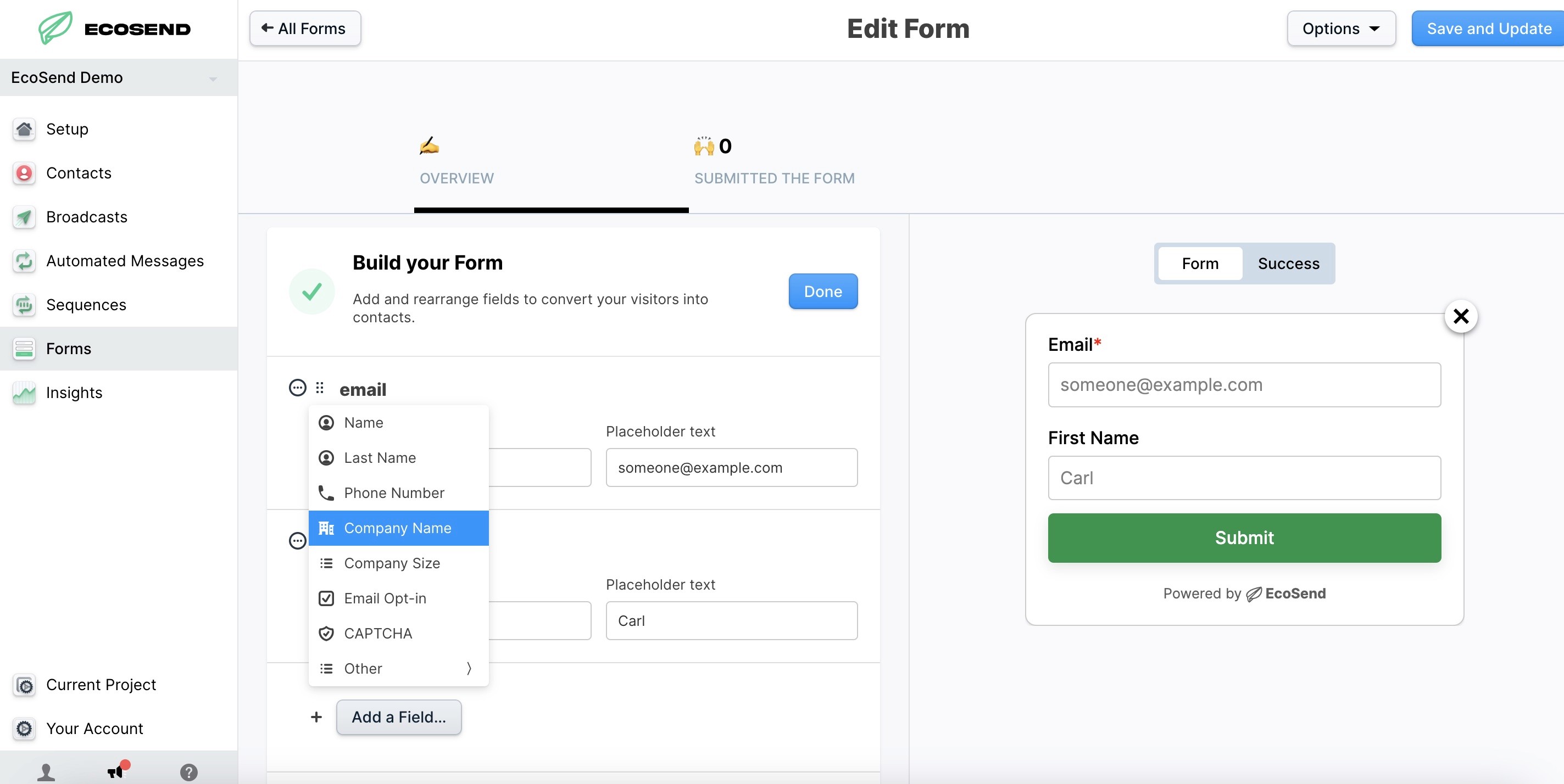 ecosend pop up forms build your form