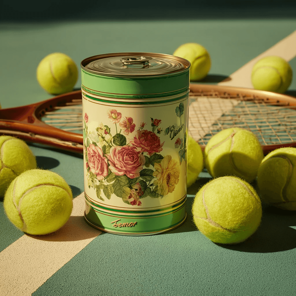 A vintage floral tin sits on a tennis court with several tennis balls around it. A wooden racket lies nearby under bright sunlight.