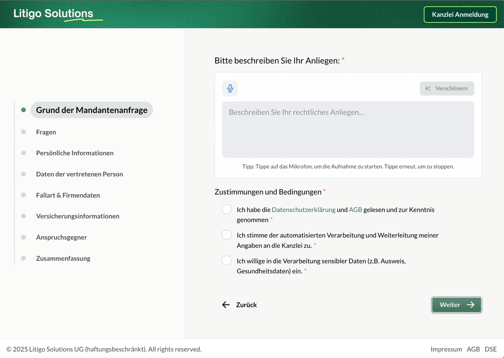 Bild von Litigos Mandantenaufnahme Tool.