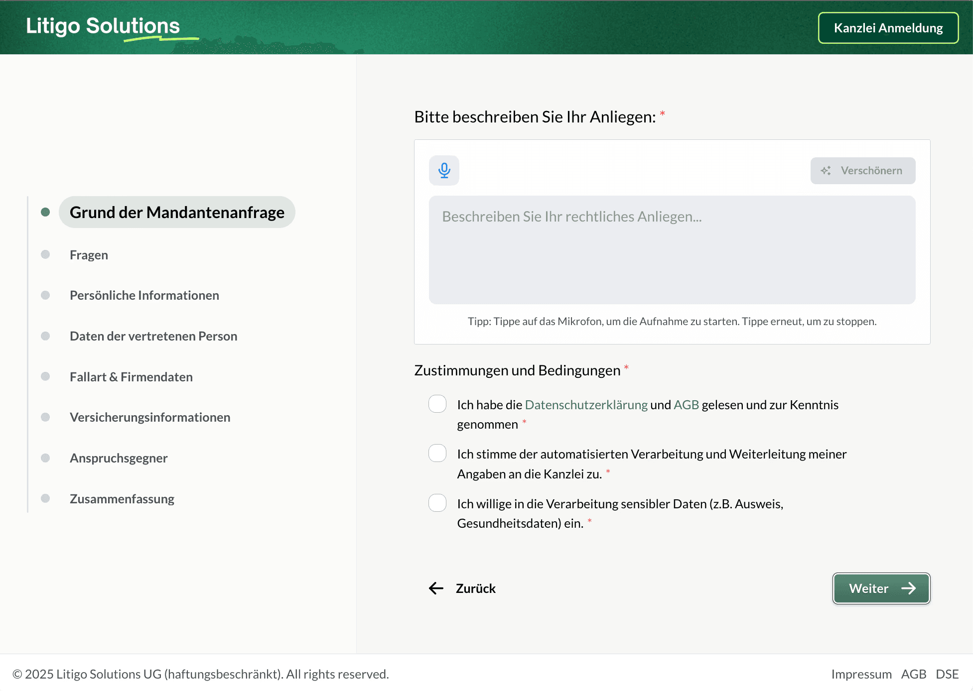 Bild von Litigos Mandantenaufnahme Tool. 