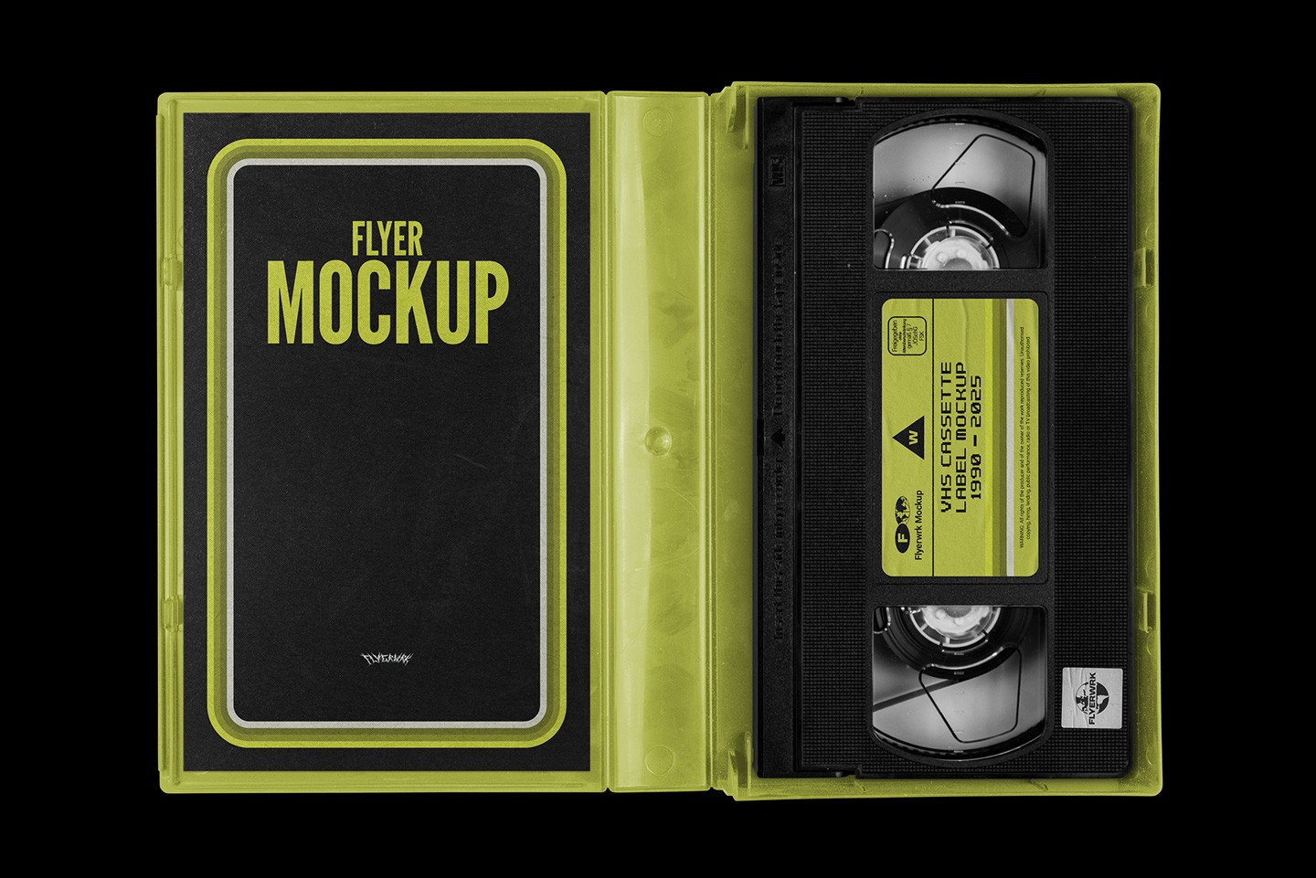 Vintage VHS cassette tape case mockup with green plastic case and tape