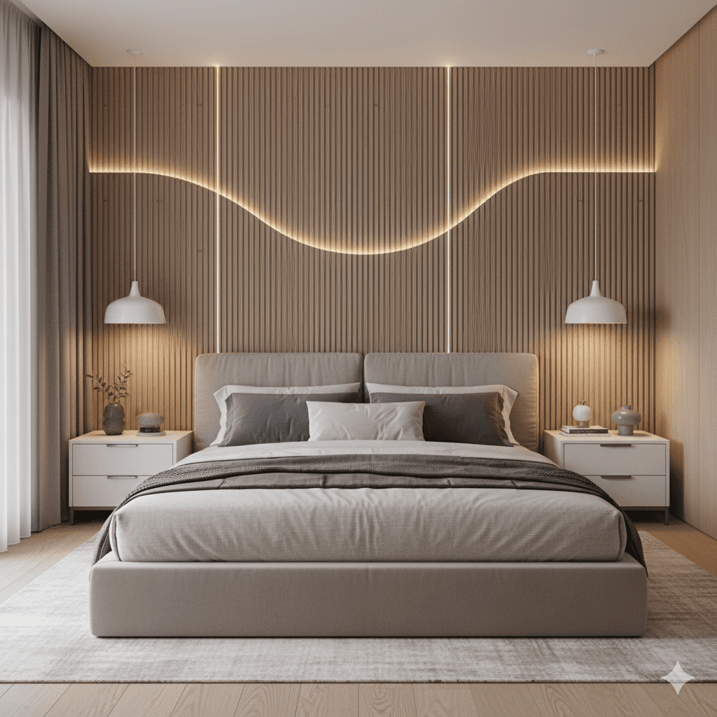 Taupe low-profile bed with seamless minimalist silhouette.