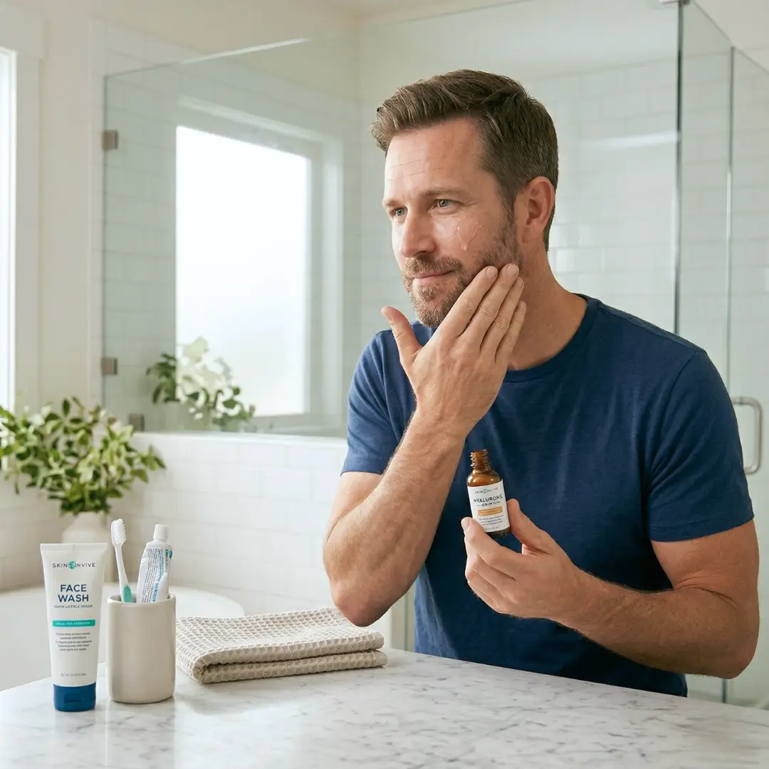 A man applies skincare serum in a bathroom, illustrating an app feature where active tracking allows users to catch price dips for frequently fluctuating items the moment they happen.