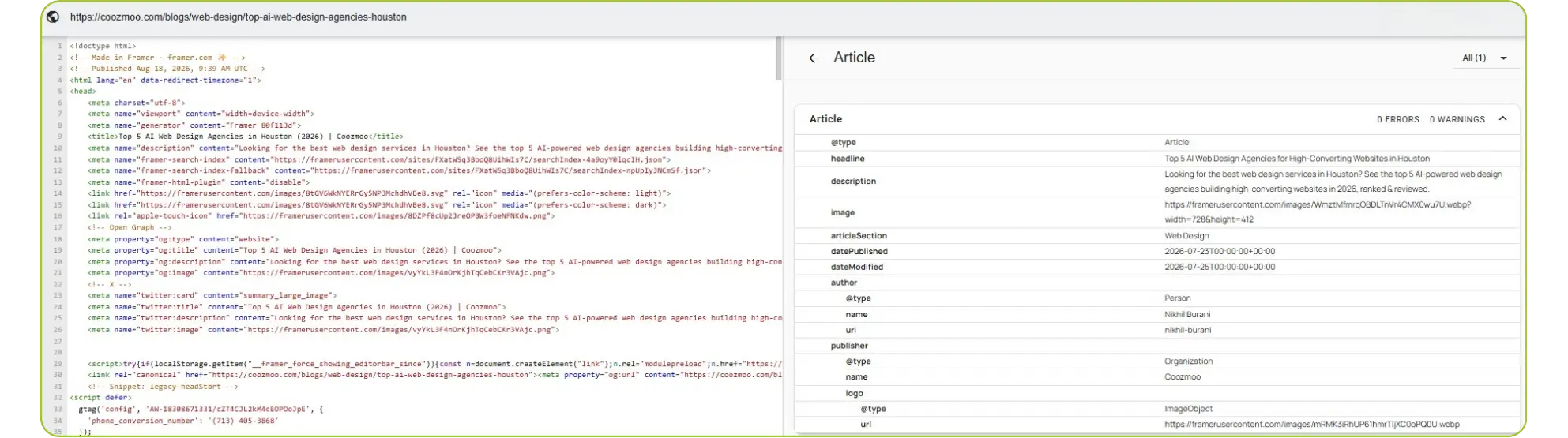 HTML code alongside structured metadata