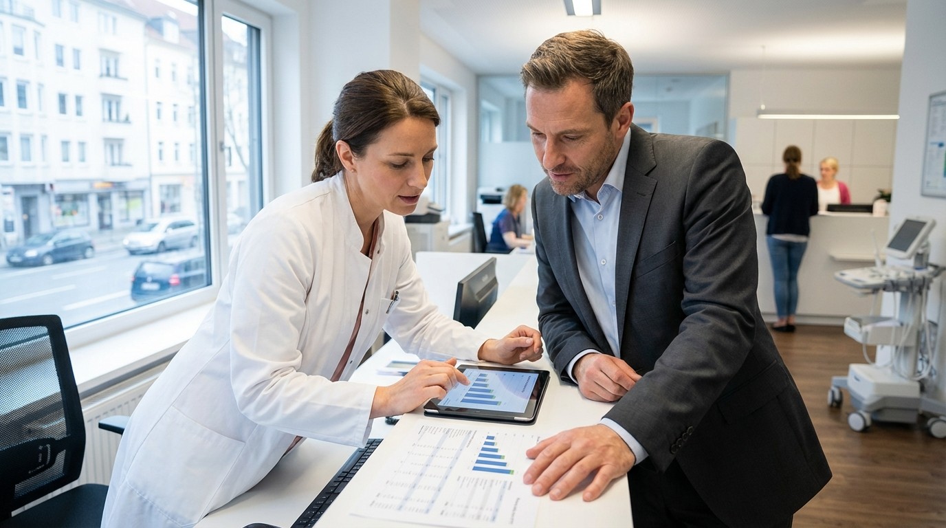 Ärztin präsentiert Praxiskennzahlen im Team-Meeting – MediPulse Dashboard auf dem Laptop