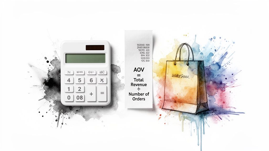 A white calculator, a receipt displaying the AOV formula, and a shopping bag amidst colorful watercolor splashes.