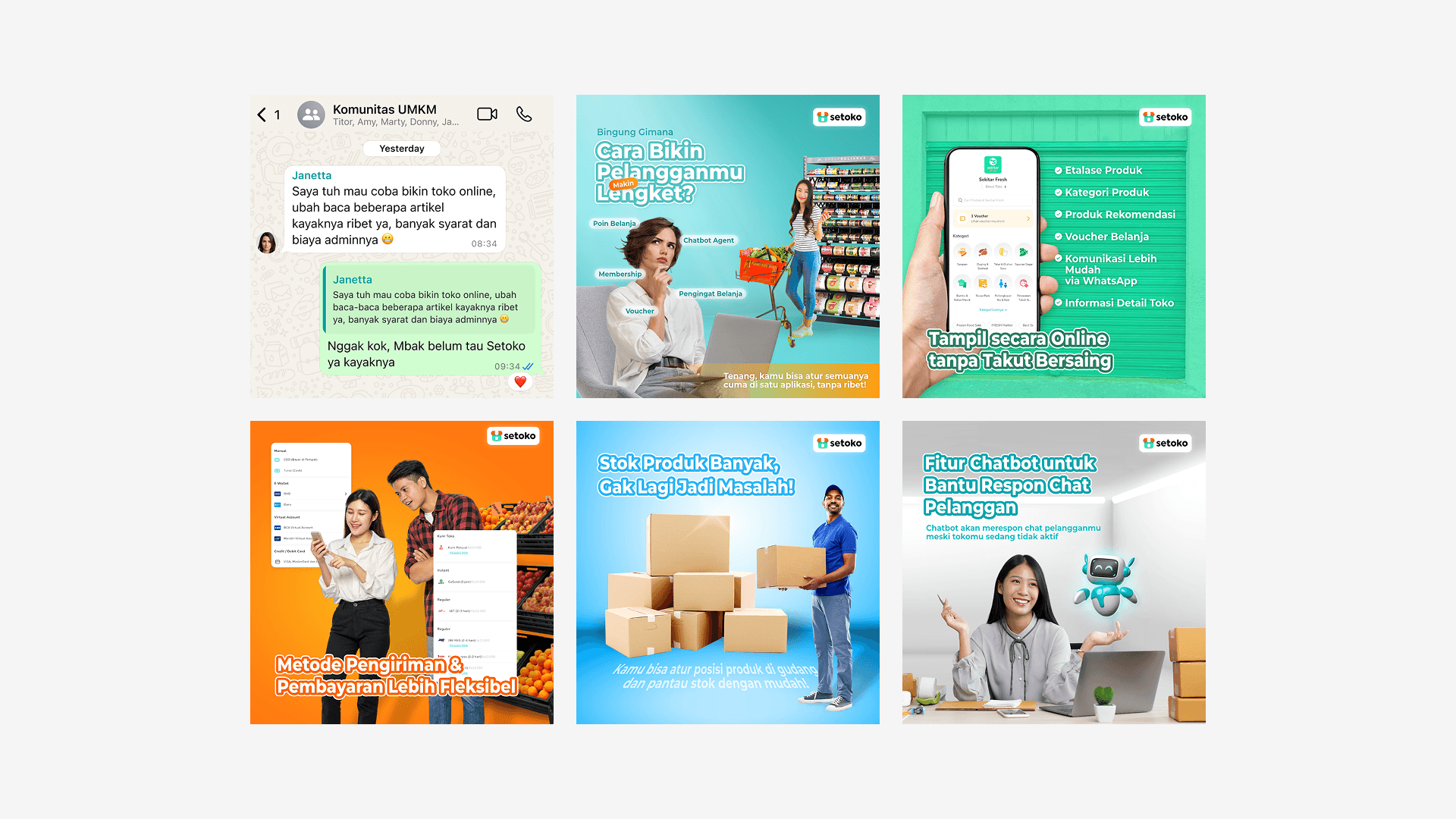 A collage of images promoting an online store setup platform. Features include a woman on a laptop, chat and stock management, and mobile app interface. Tone is helpful and encouraging.