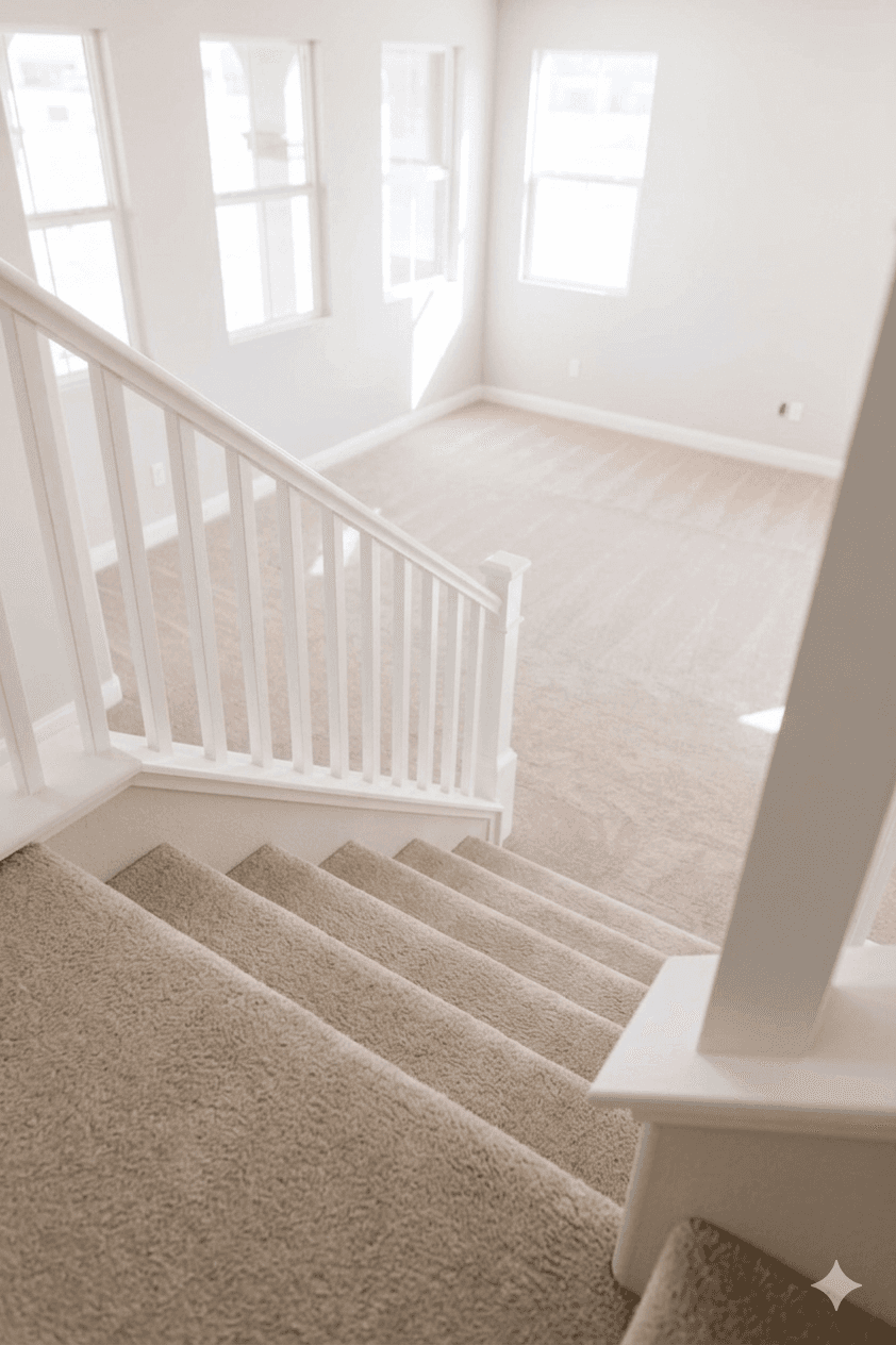 Seamless beige Berber carpet installation on staircase