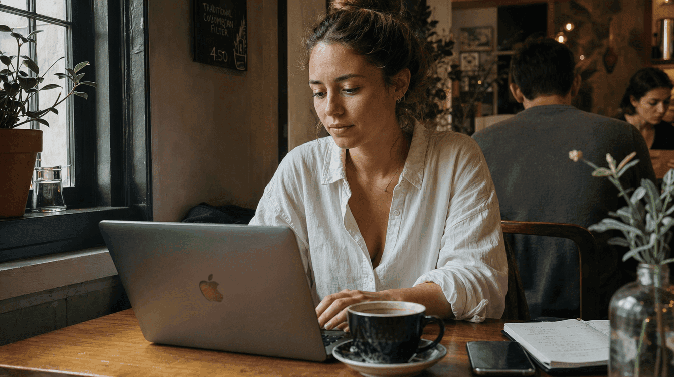 Woman working in a cafe on her laptop 