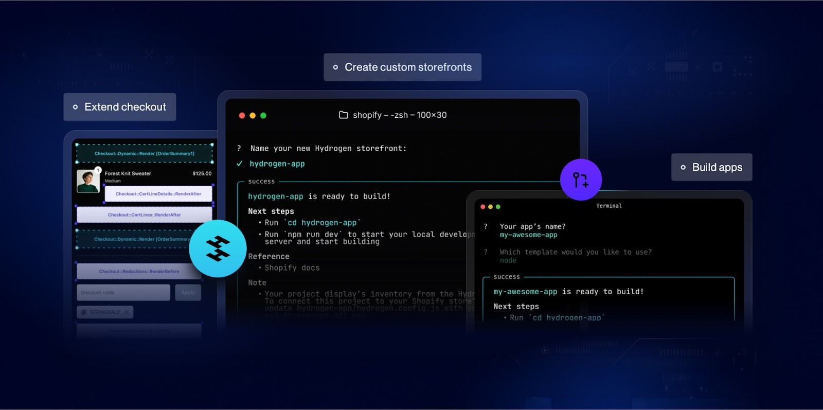 Shopify-Hydrogen-CLI beim Anlegen einer Custom Storefront, mit Screens für Checkout-Extensions und Apps