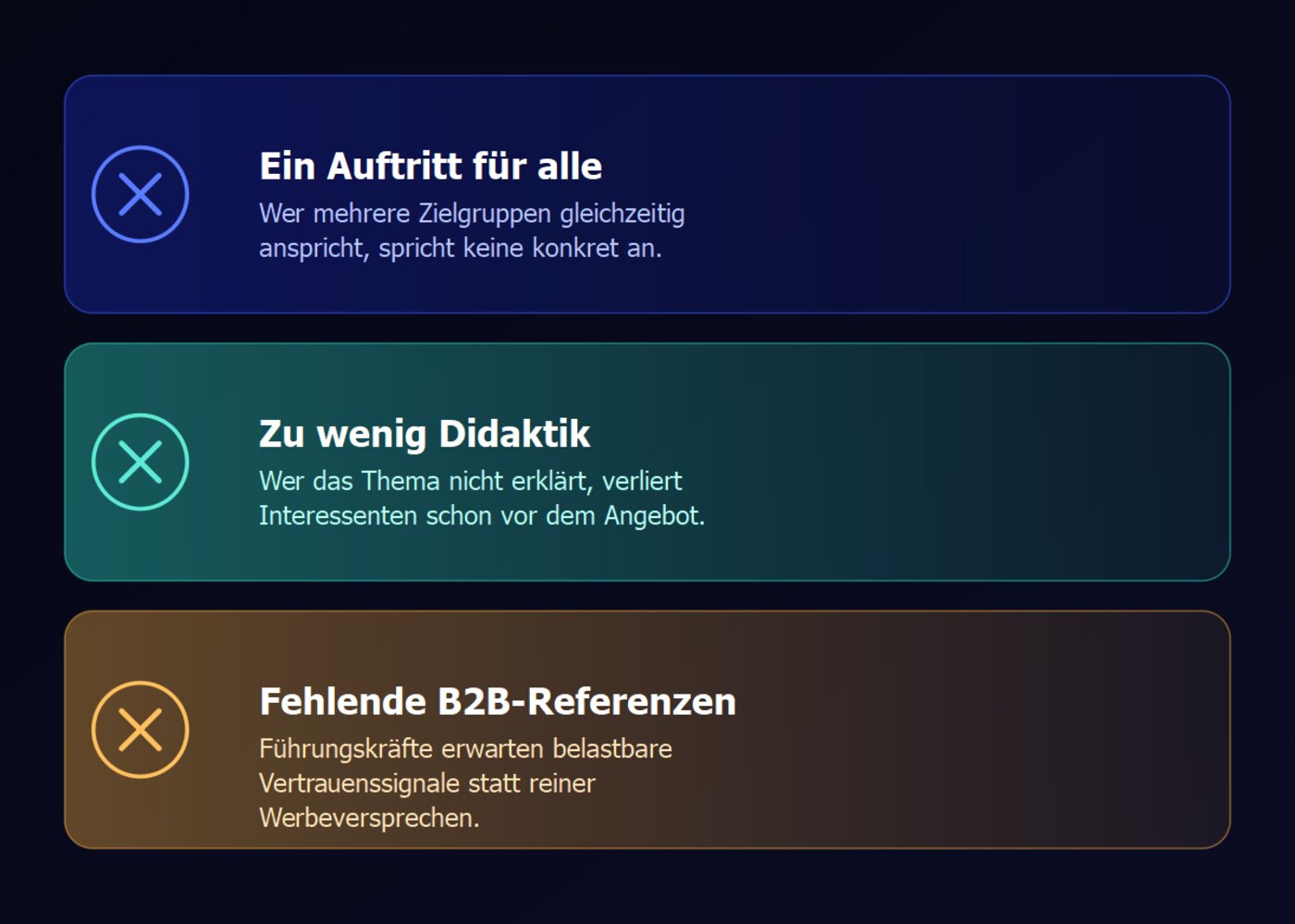 Grafik: Häufige Fehler bei Websites für erklärungsbedürftige Themen mit mehreren Zielgruppen – ein Auftritt für alle Zielgruppen, zu wenig Didaktik, fehlende B2B-Referenzen