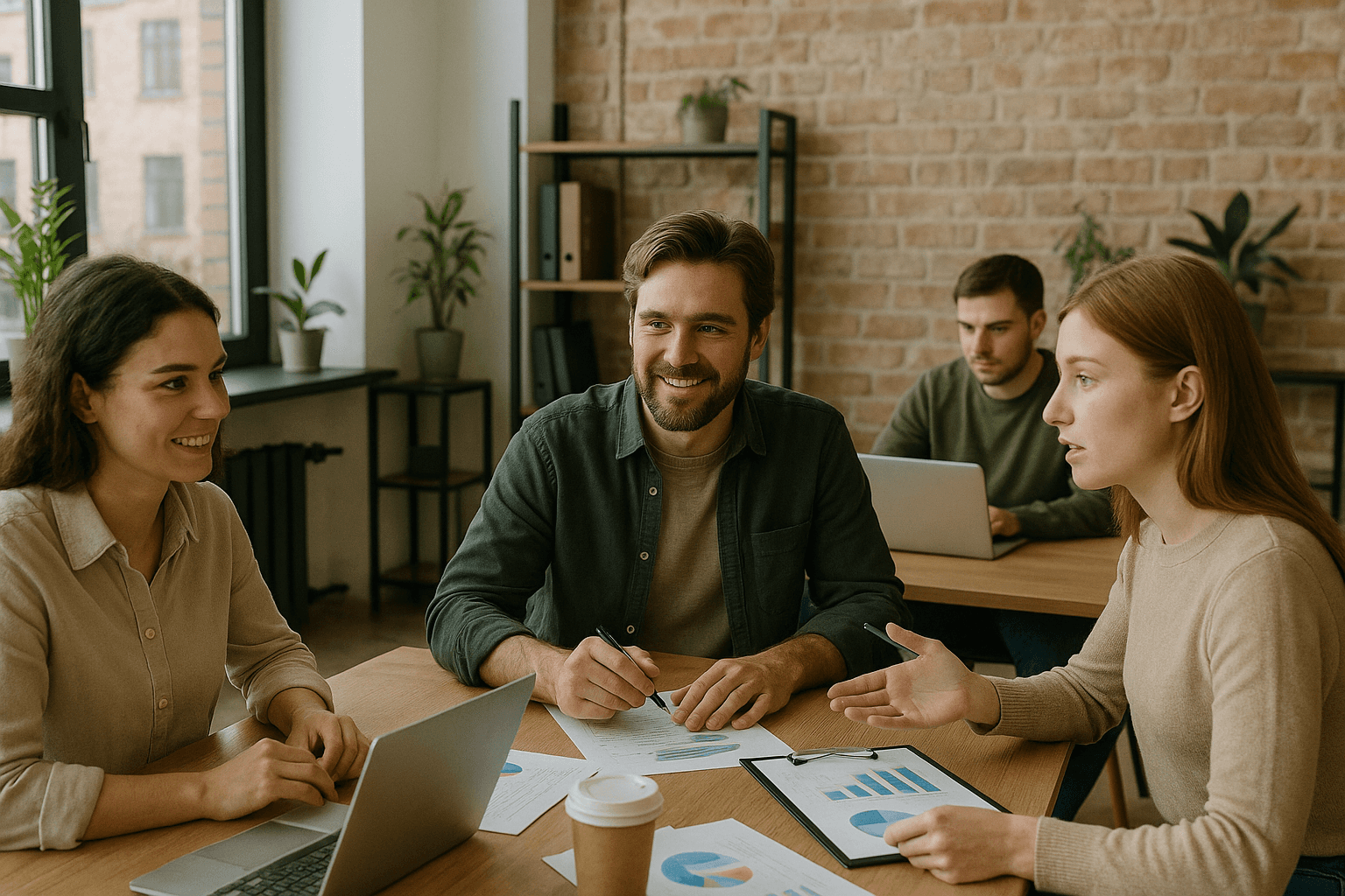 Marketing team sitting on the table in a meeting