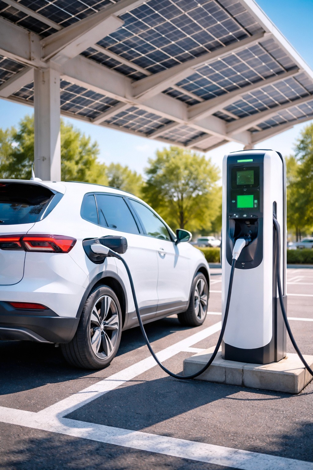 A white SUV plugged into a pedestal EV charger in a parking stall shaded by a solar canopy
