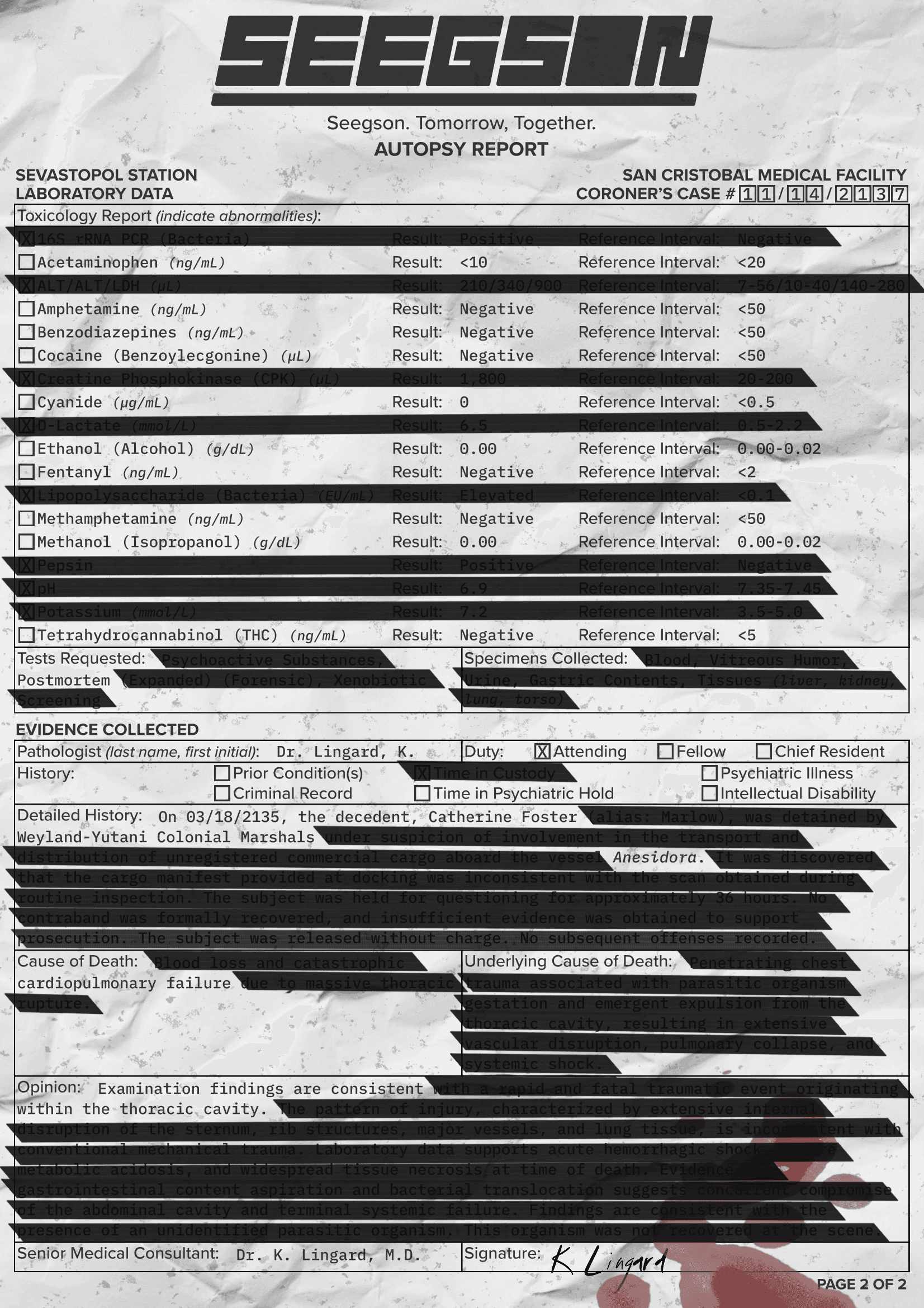 The second page of a declassified autopsy report about a character from the game Alien: Isolation (2014).